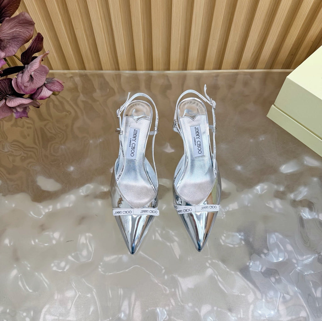 JIMMY CHOO 26S SLINGBACK HEELS 65 MM IN SILVER PATENT CALFSKIN
