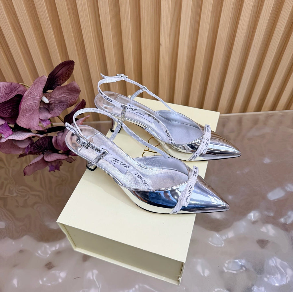 JIMMY CHOO 26S SLINGBACK HEELS 65 MM IN SILVER PATENT CALFSKIN