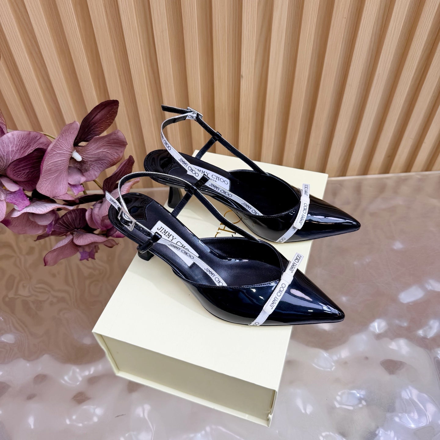 JIMMY CHOO 26S SLINGBACK HEELS 65 MM IN BLACK PATENT CALFSKIN