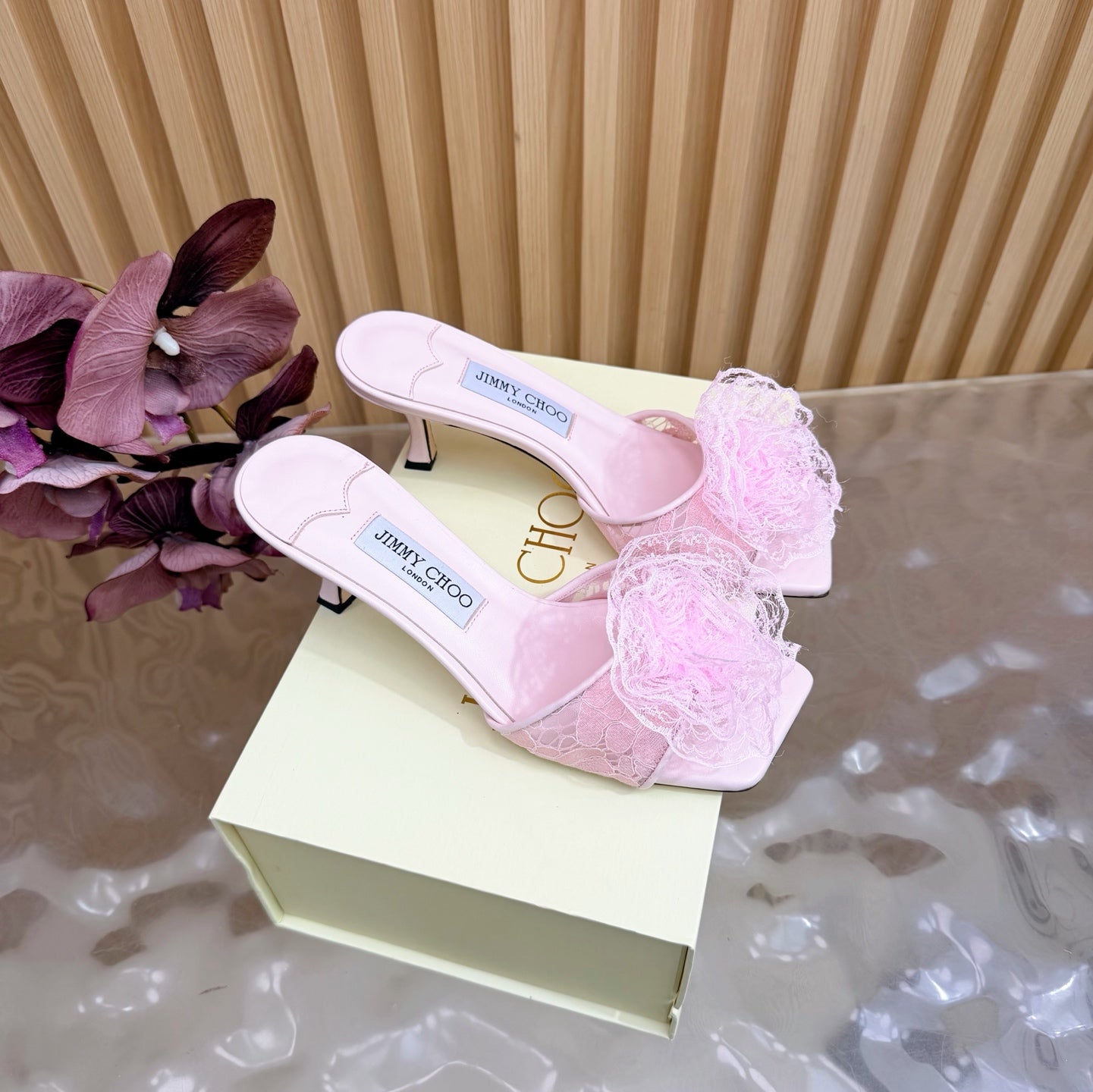 JIMMY CHOO 26S HIGH-HEELED SANDALS 65 MM IN LIGHT PINK LACE FLOWER