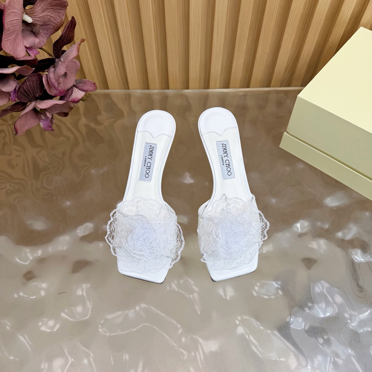 JIMMY CHOO 26S HIGH-HEELED SANDALS 65 MM IN WHITE LACE FLOWER