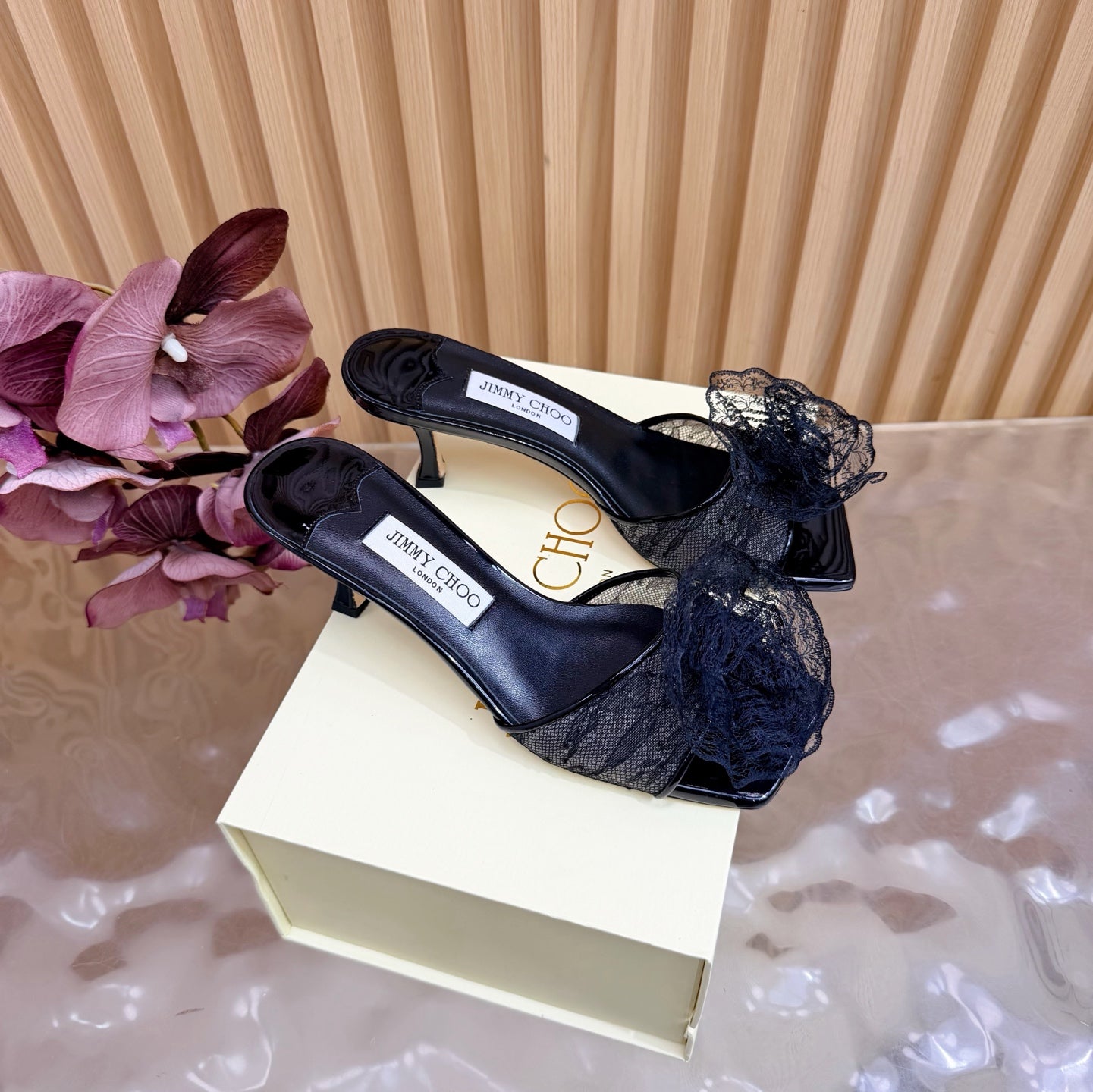 JIMMY CHOO 26S HIGH-HEELED SANDALS 65 MM IN BLACK LACE FLOWER
