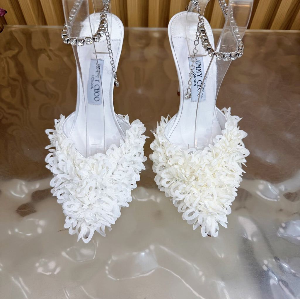 JIMMY CHOO 26S HIGH HEELS 100 MM IN WHITE FABRIC AND LAMBSKIN CRYSTAL STRAPS
