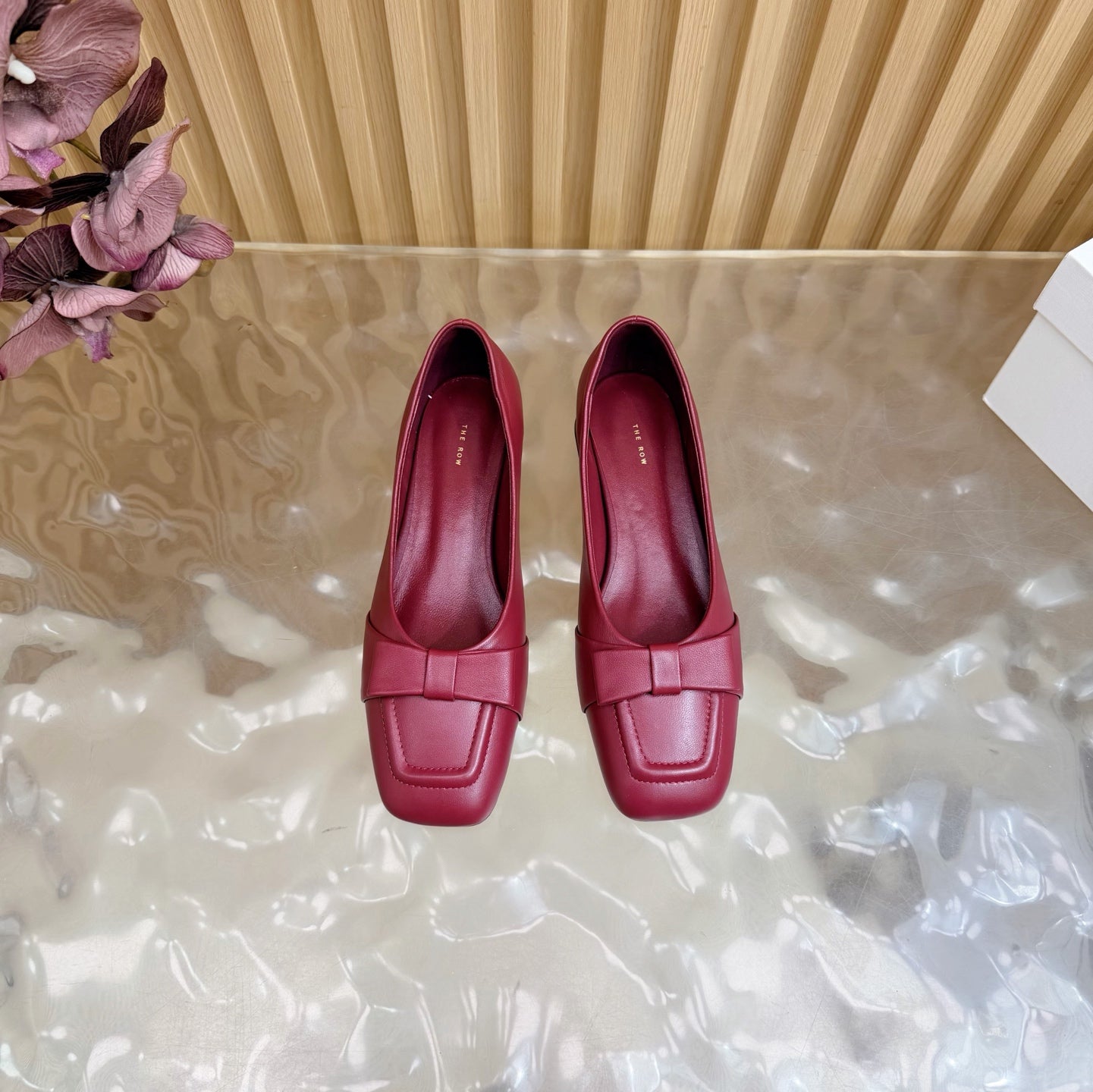 THE ROW 26S SQUARE TOE PUMPS IN DARK RED CALFSKIN WITH BOW