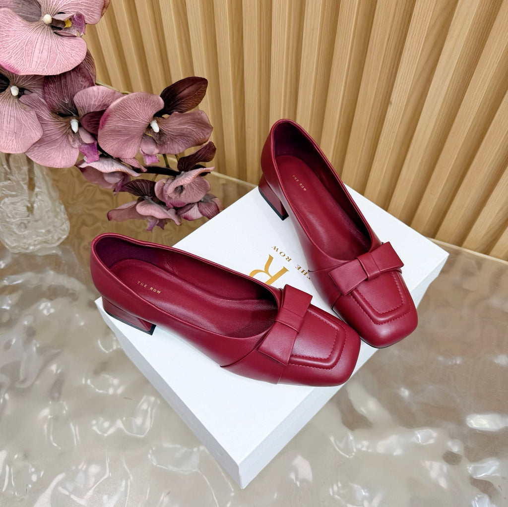 THE ROW 26S SQUARE TOE PUMPS IN DARK RED CALFSKIN WITH BOW