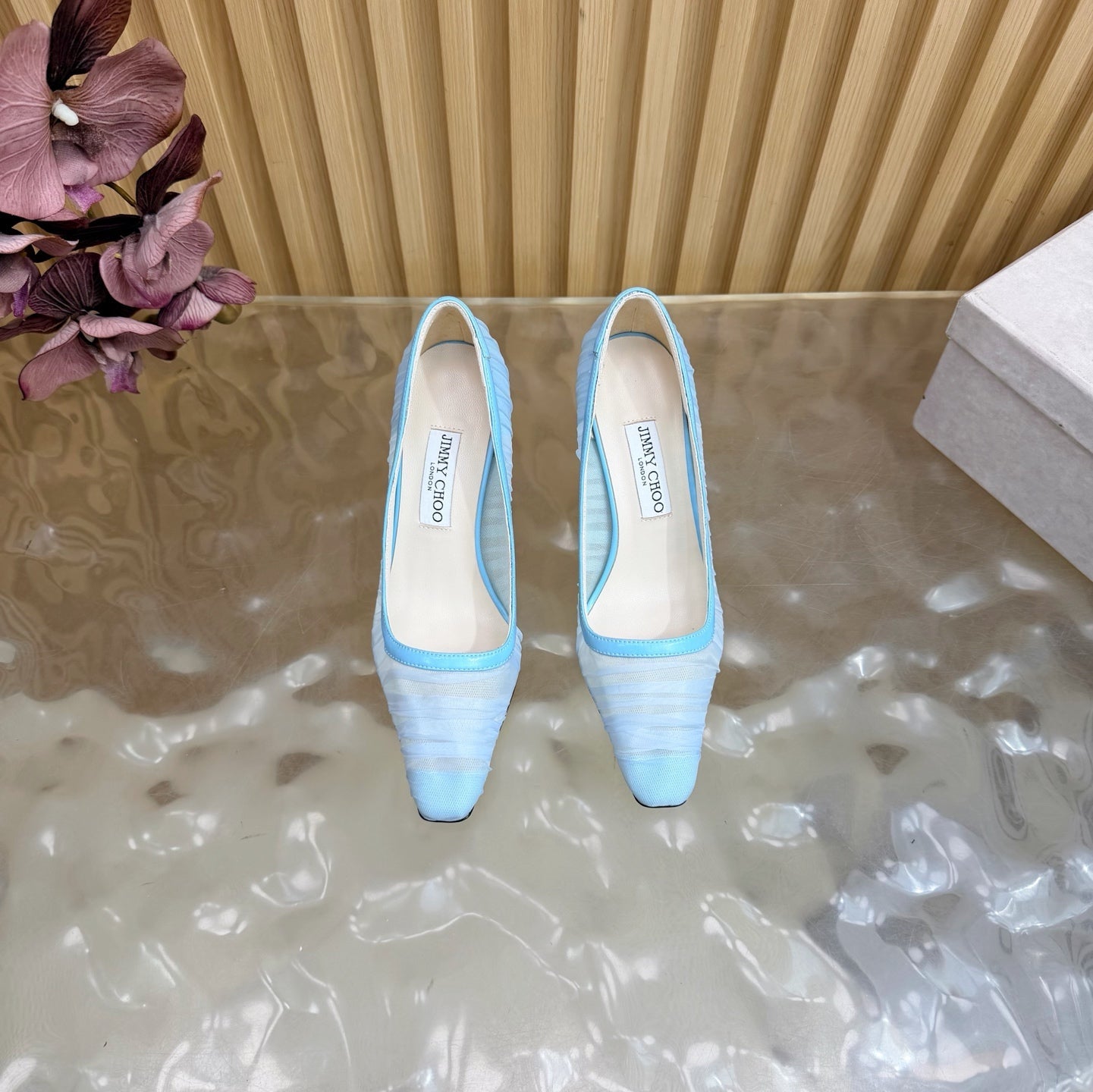 JIMMY CHOO 26S HIGH HEELS 85 MM IN LIGHT BLUE MESH