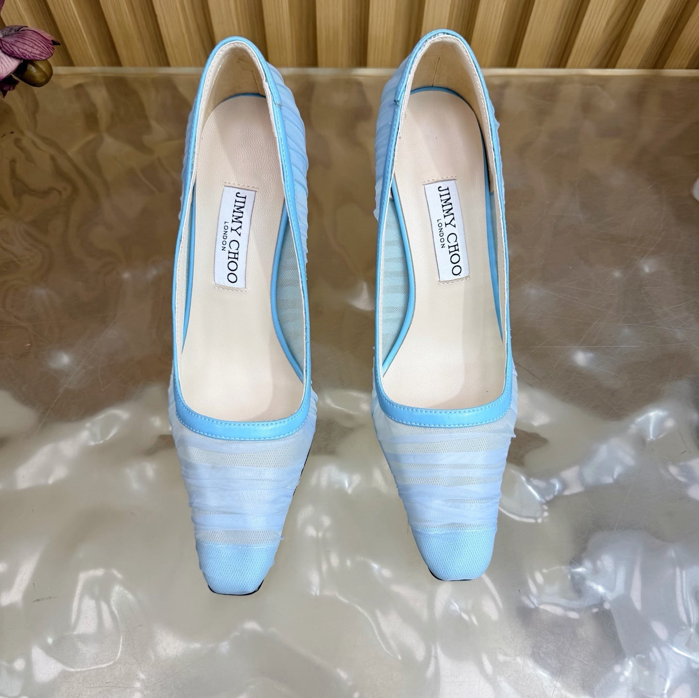 JIMMY CHOO 26S HIGH HEELS 85 MM IN LIGHT BLUE MESH