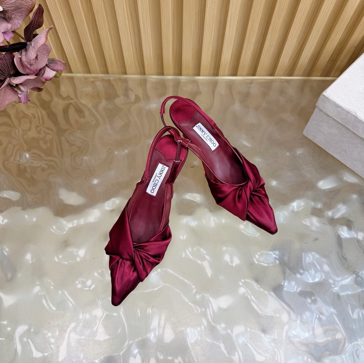 JIMMY CHOO 26S SLINGBACK HEELS 60 MM IN DARK RED SATIN WITH KNOT DETAIL