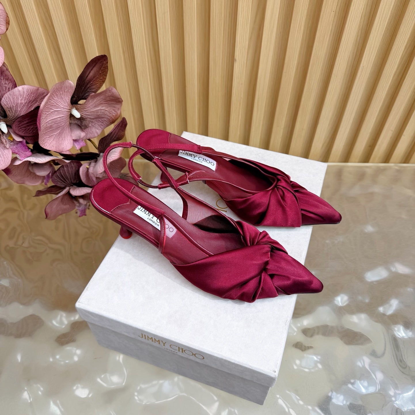 JIMMY CHOO 26S SLINGBACK HEELS 60 MM IN DARK RED SATIN WITH KNOT DETAIL