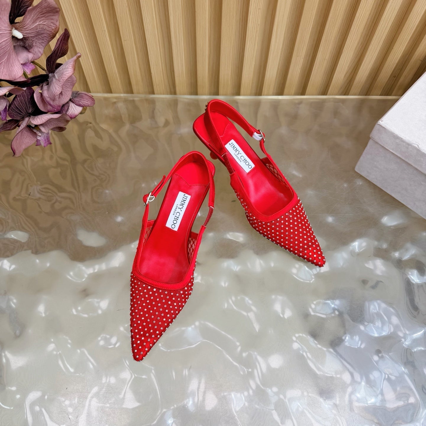 JIMMY CHOO 26S SLINGBACK HEELS 60 MM IN RED MESH & CRYSTALS
