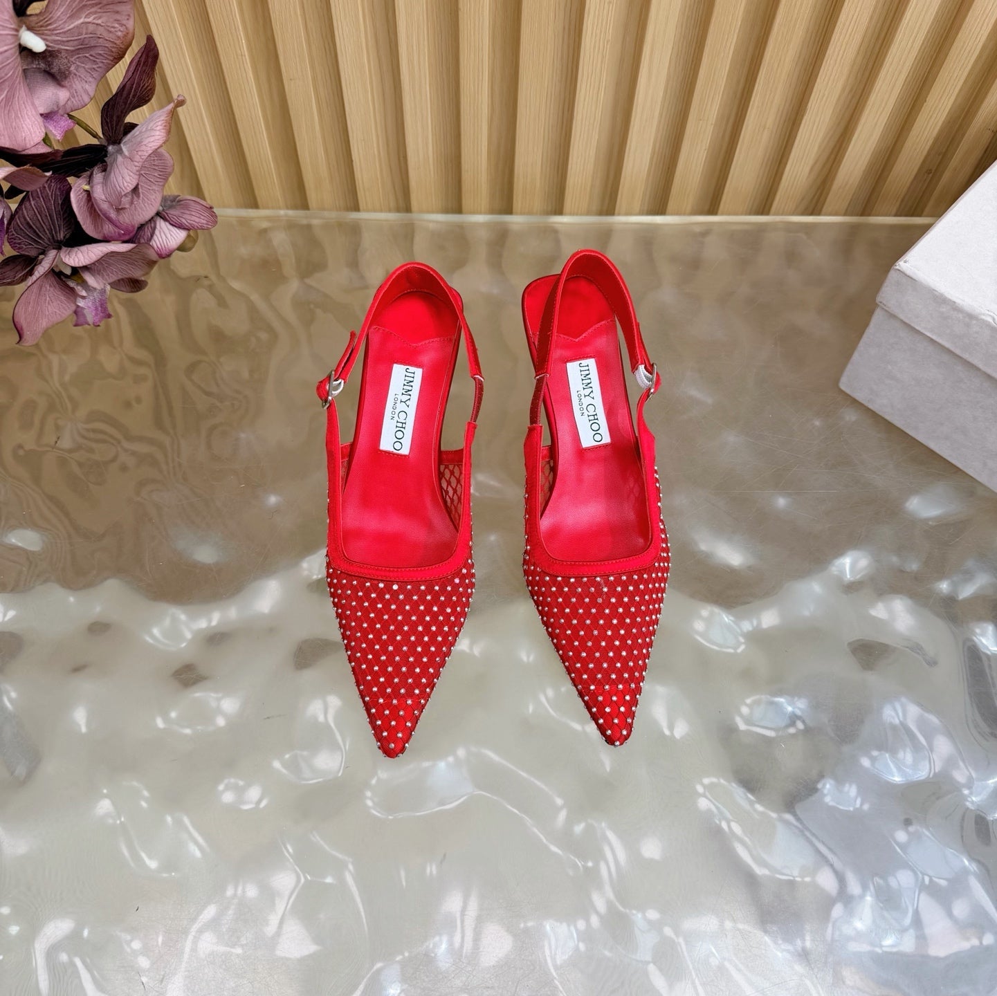 JIMMY CHOO 26S SLINGBACK HEELS 60 MM IN RED MESH & CRYSTALS