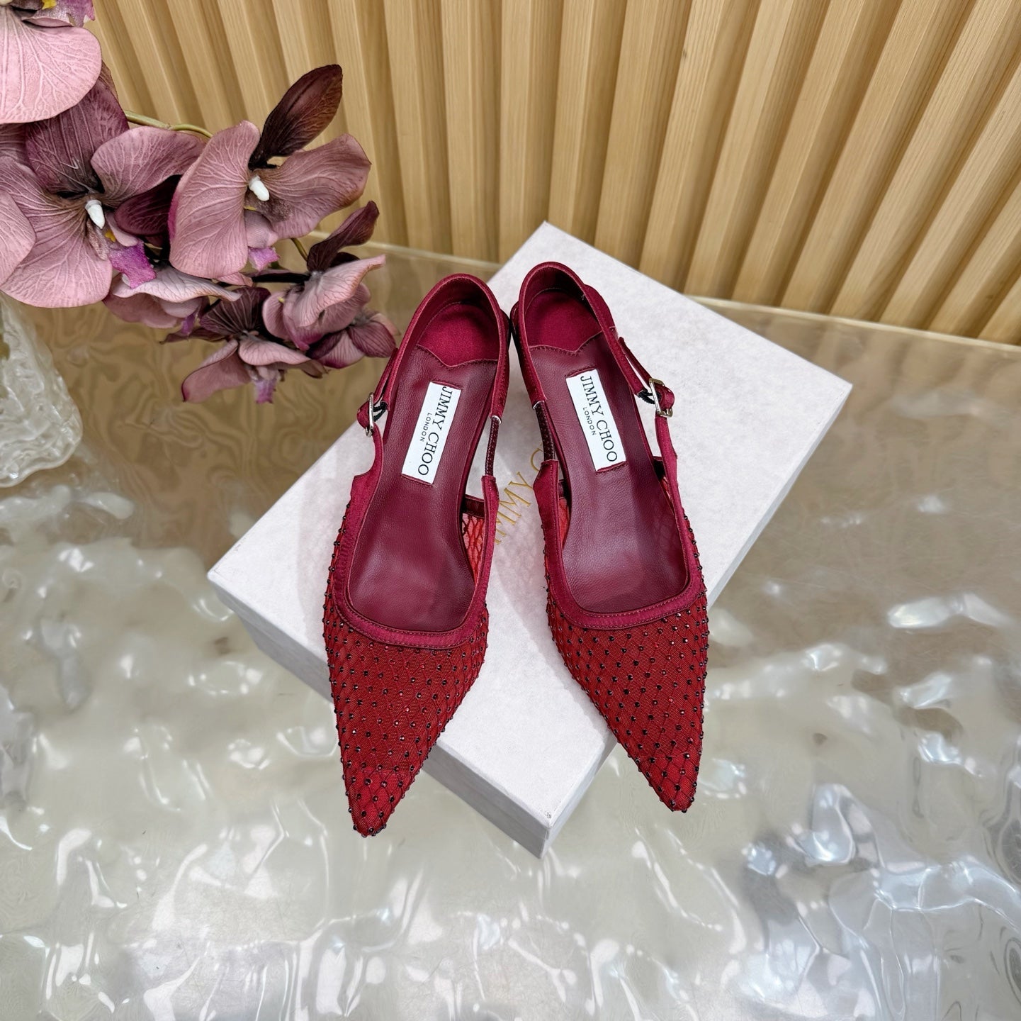 JIMMY CHOO 26S SLINGBACK HEELS 60 MM IN DARK RED MESH & CRYSTALS