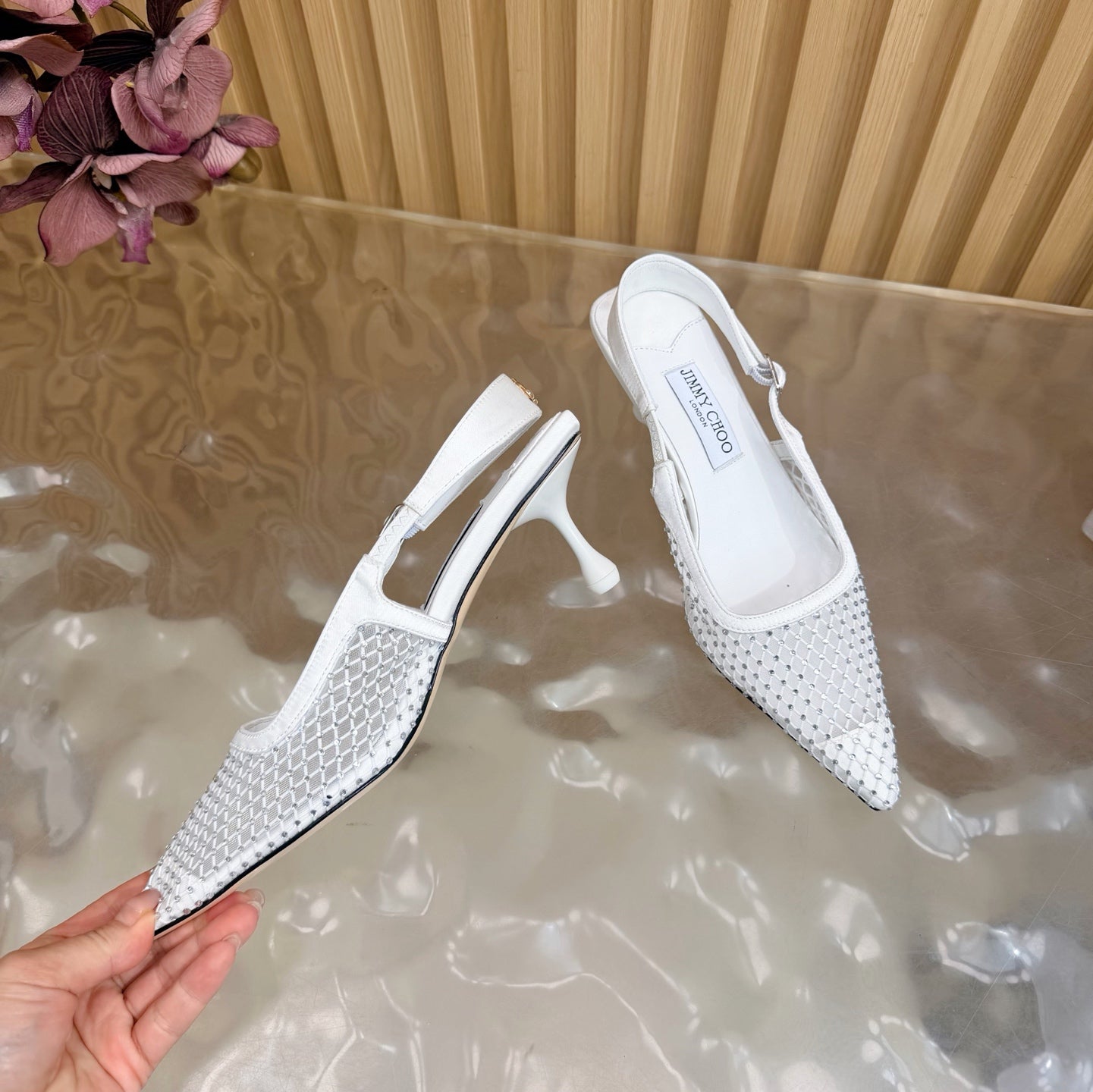JIMMY CHOO 26S SLINGBACK HEELS 60 MM IN WHITE MESH & CRYSTALS