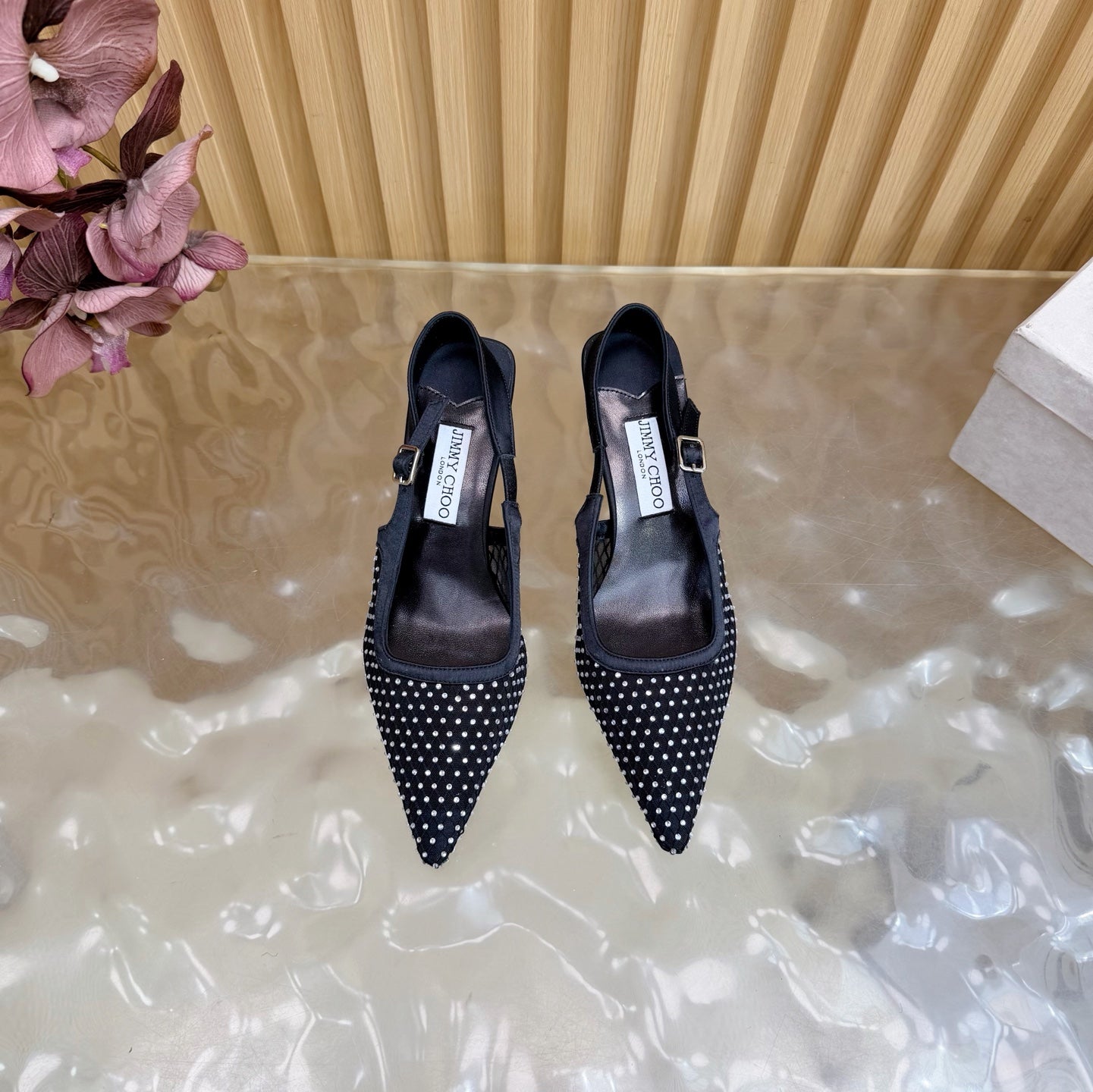 JIMMY CHOO 26S SLINGBACK HEELS 60 MM IN BLACK MESH & CRYSTALS