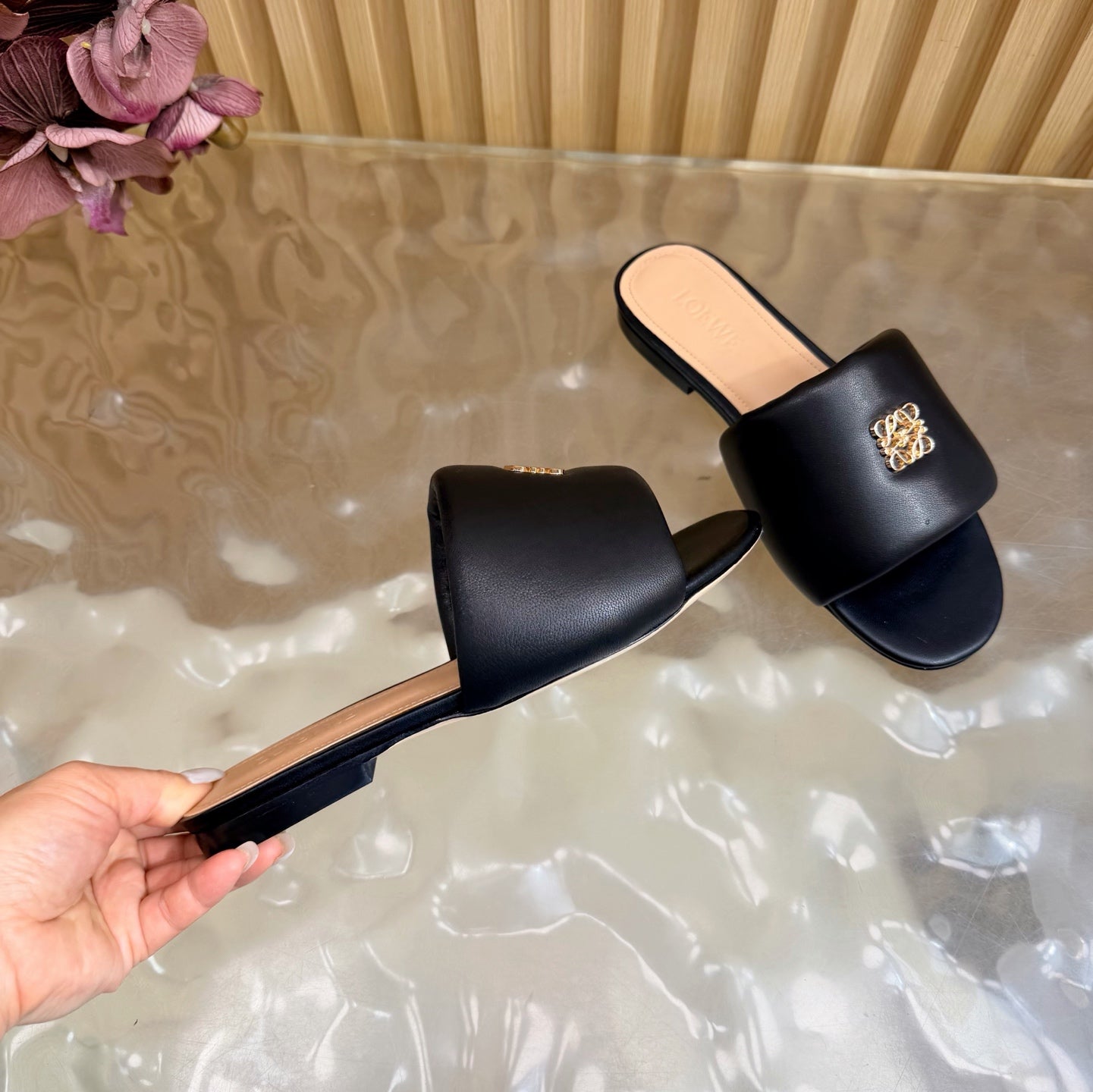 LOEWE 26S SLIDE SANDALS IN BLACK ANAGRAM PADDED LAMBSKIN