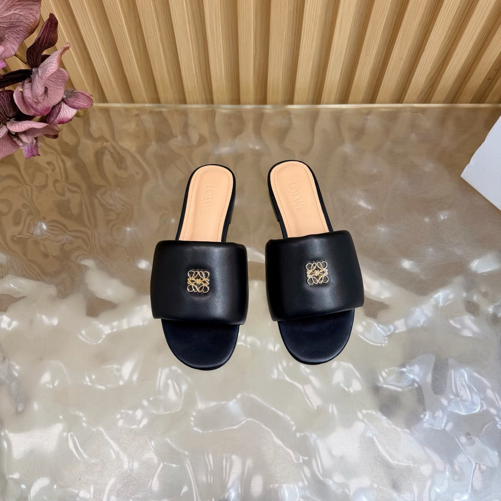 LOEWE 26S SLIDE SANDALS IN BLACK ANAGRAM PADDED LAMBSKIN