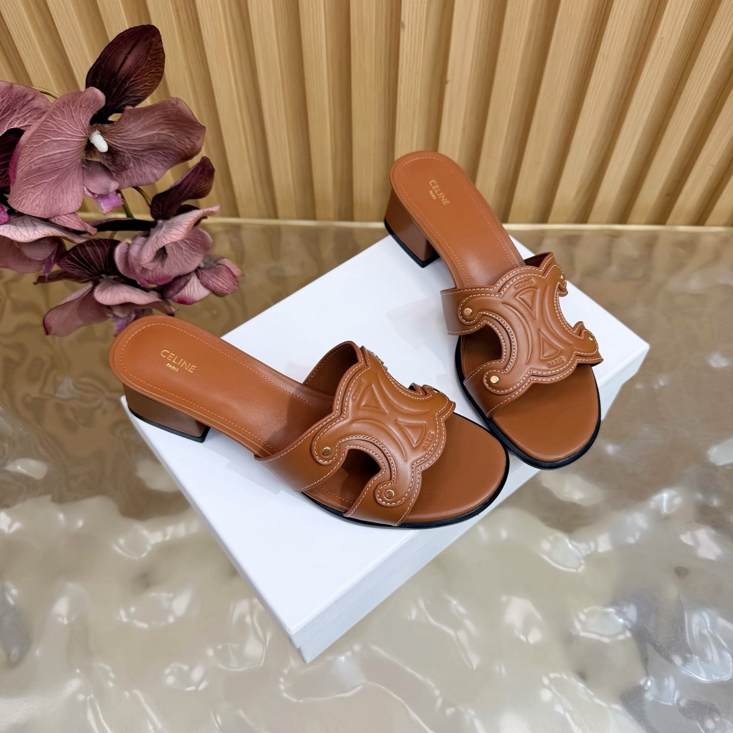 CELINE 26S TRIOMPHE BLOCK HEEL MULES IN COGNAC BROWN CALFSKIN