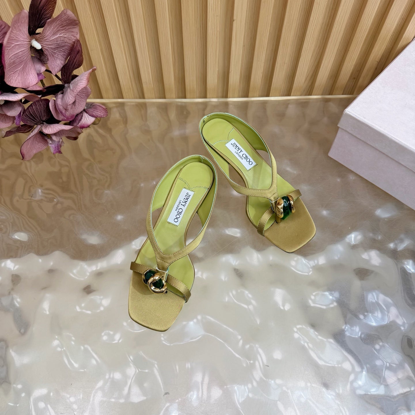 JIMMY CHOO 26S HIGH-HEEL SANDALS 35 MM IN OLIVE GREEN SATIN