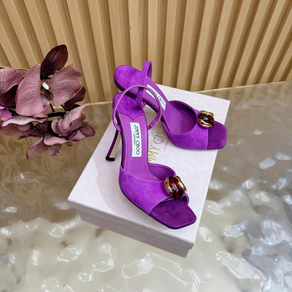 JIMMY CHOO 26S HIGH-HEEL SANDALS 100 MM IN PURPLE SUEDE STONE EMBELLISHMENT