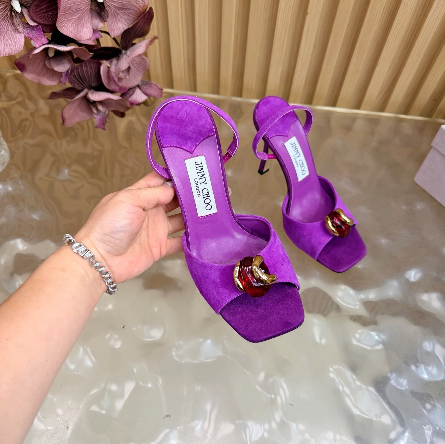 JIMMY CHOO 26S HIGH-HEEL SANDALS 100 MM IN PURPLE SUEDE STONE EMBELLISHMENT