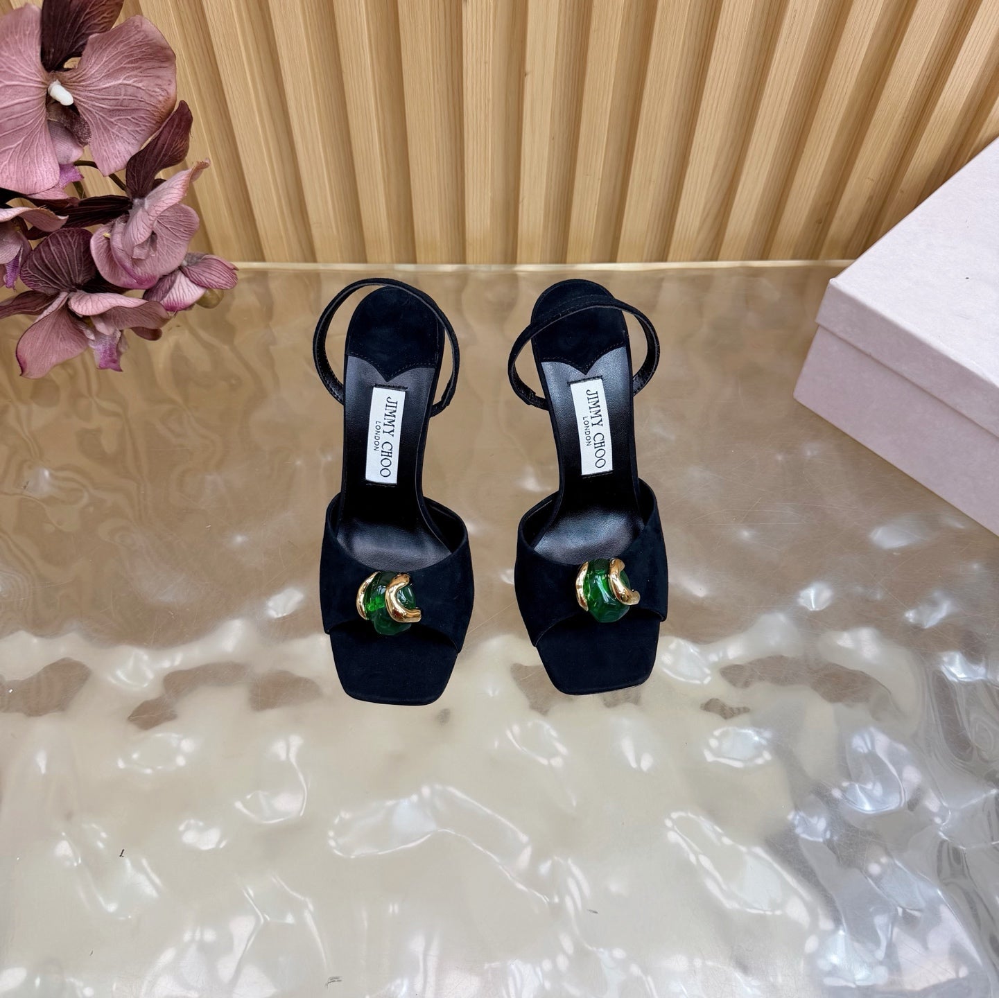JIMMY CHOO 26S HIGH-HEEL SANDALS 100 MM IN BLACK SUEDE STONE EMBELLISHMENT
