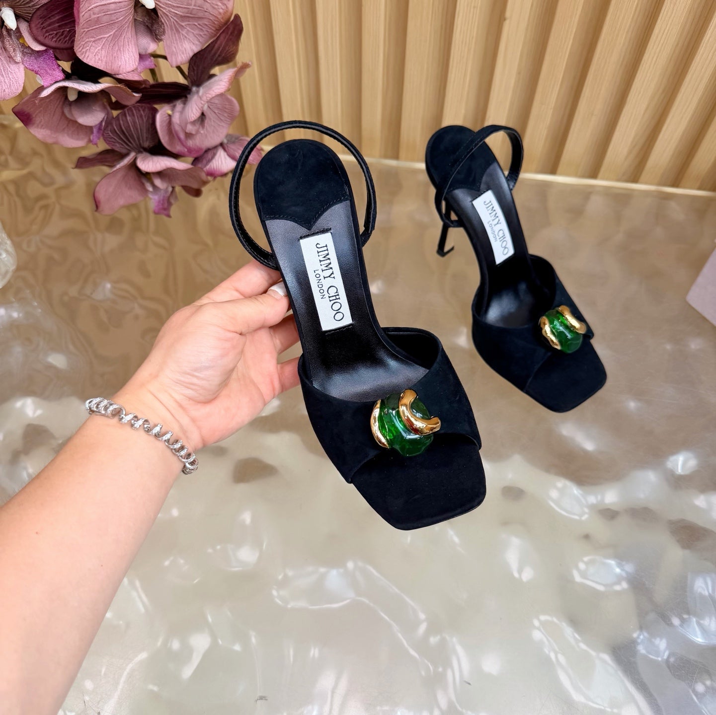 JIMMY CHOO 26S HIGH-HEEL SANDALS 100 MM IN BLACK SUEDE STONE EMBELLISHMENT