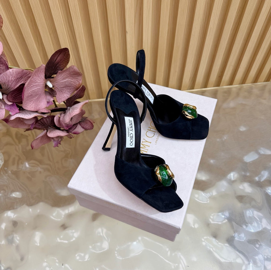 JIMMY CHOO 26S HIGH-HEEL SANDALS 100 MM IN BLACK SUEDE STONE EMBELLISHMENT