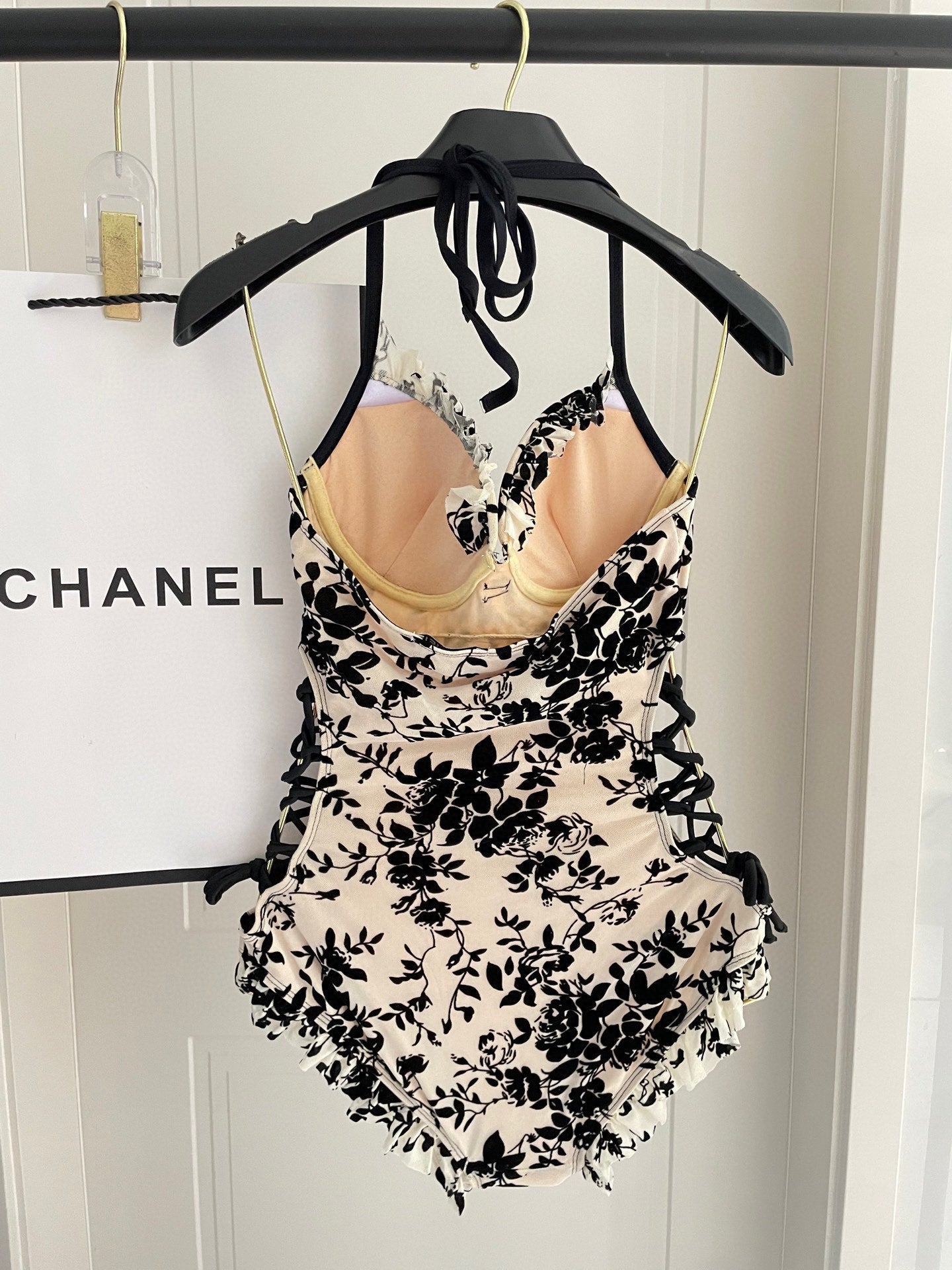 CC BIKINI SWIMSUIT SET IN IVORY MESH WITH BLACK VELVET FLORAL EMBROIDERY 622181