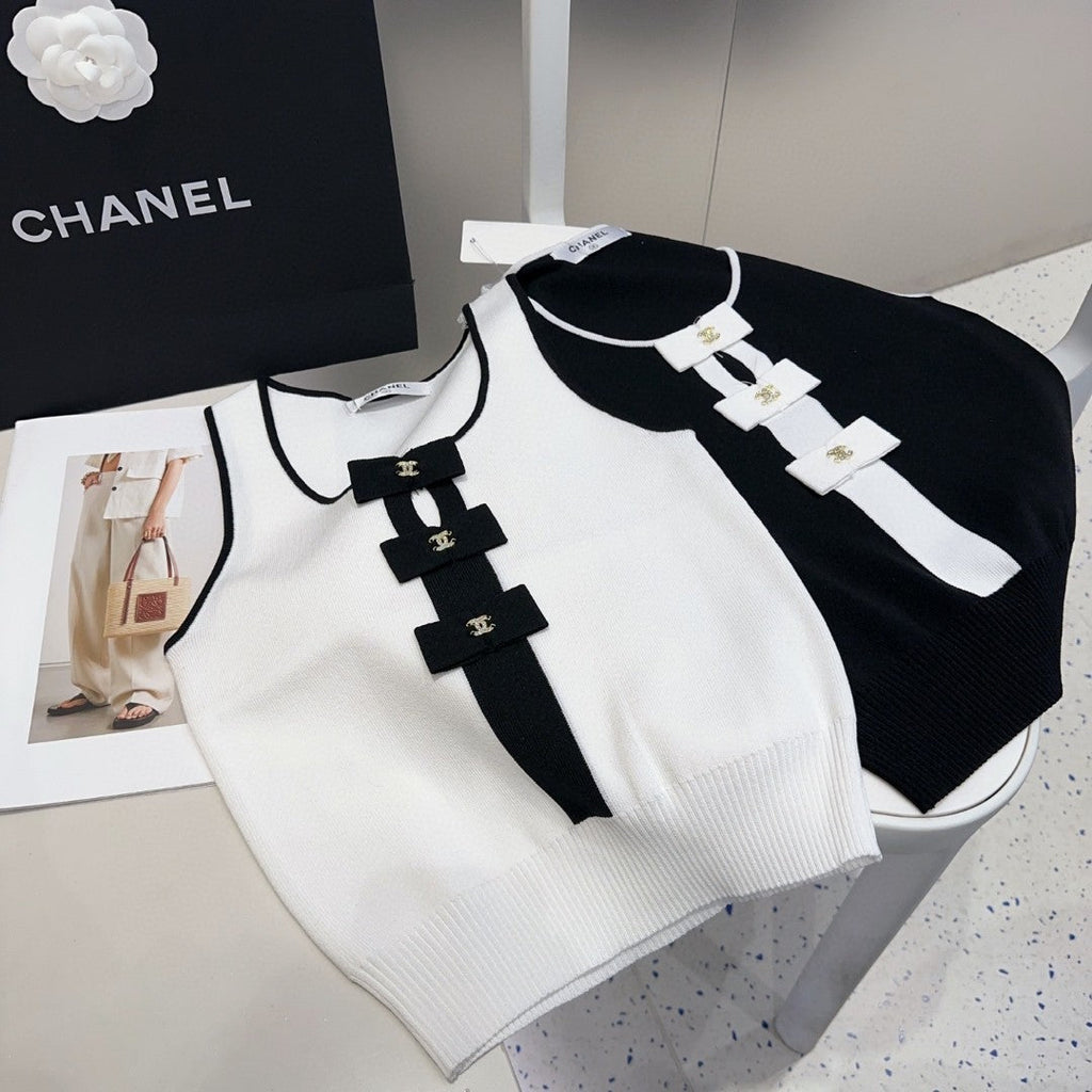 TANK TOP 610340 IN BLACK COTTON RIBBED WHITE BOW