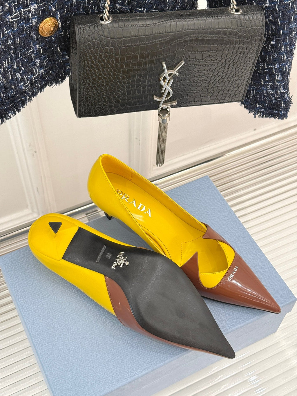 KITTEN HEEL PUMPS IN YELLOW MIX BROWN ORANGE CALFSKIN