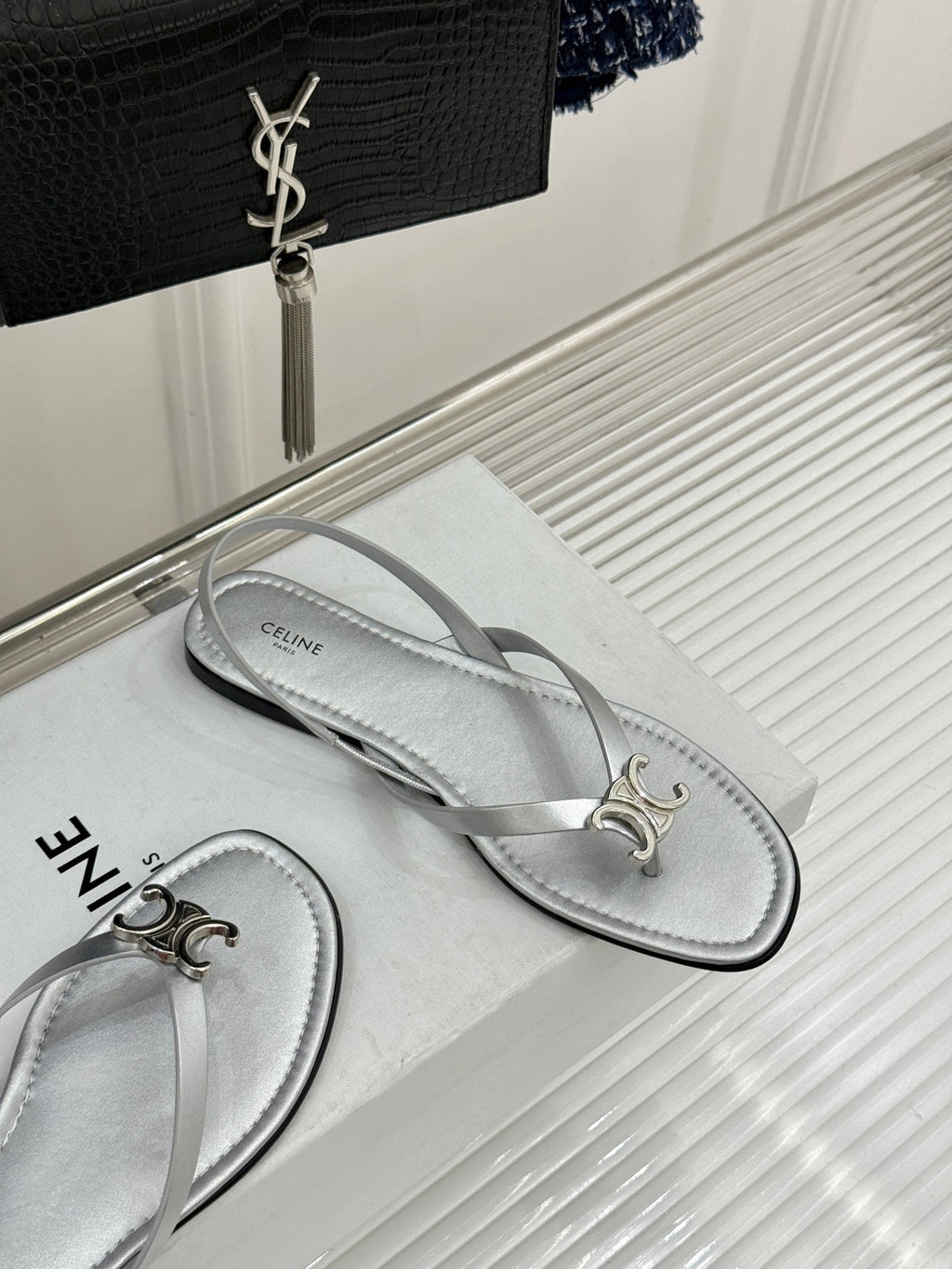 CELINE 26S THONG SANDALS IN SILVER CALFSKIN