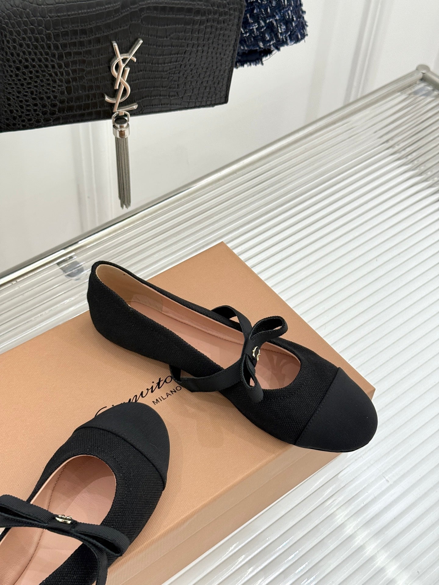GIANVITO ROSSI 26S MARY JANE FLATS IN BLACK FABRIC