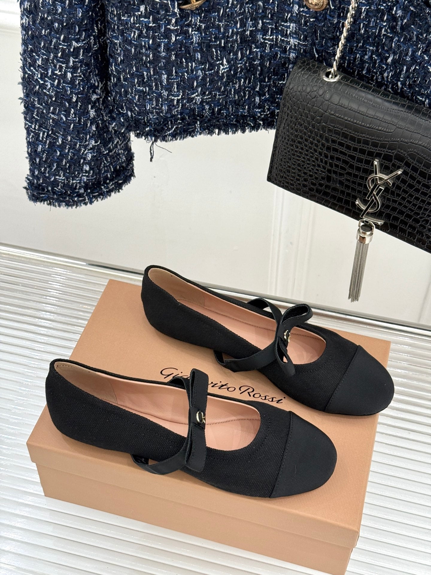 GIANVITO ROSSI 26S MARY JANE FLATS IN BLACK FABRIC