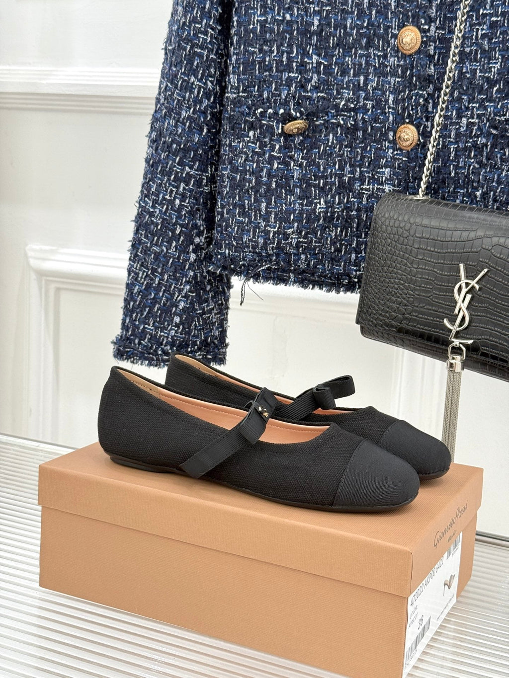 GIANVITO ROSSI 26S MARY JANE FLATS IN BLACK FABRIC