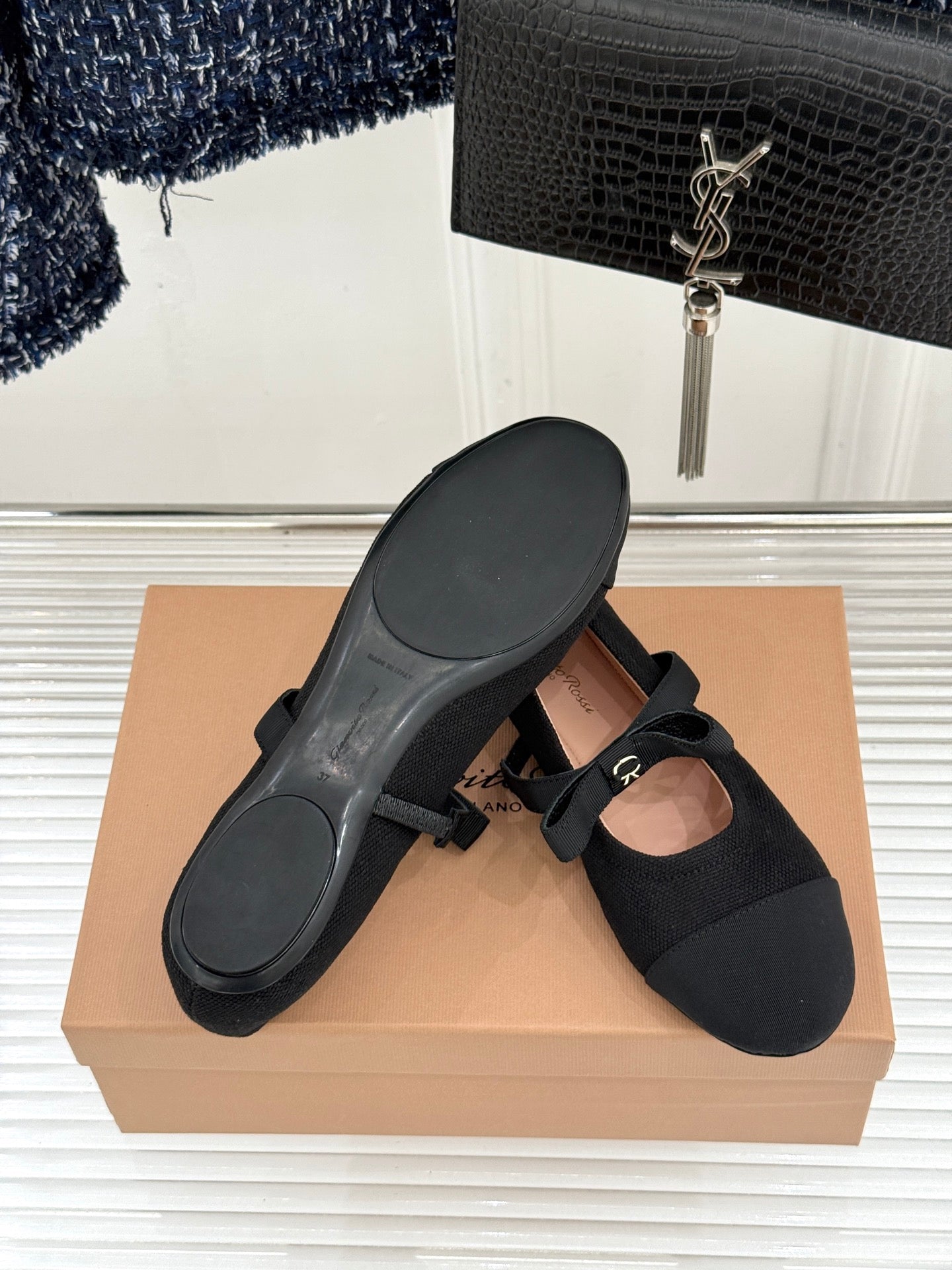 GIANVITO ROSSI 26S MARY JANE FLATS IN BLACK FABRIC