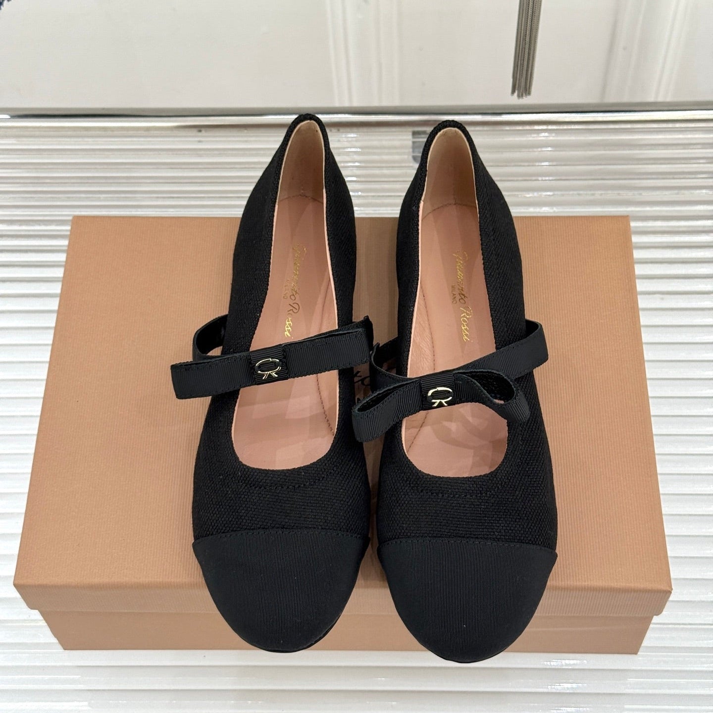 GIANVITO ROSSI 26S MARY JANE FLATS IN BLACK FABRIC