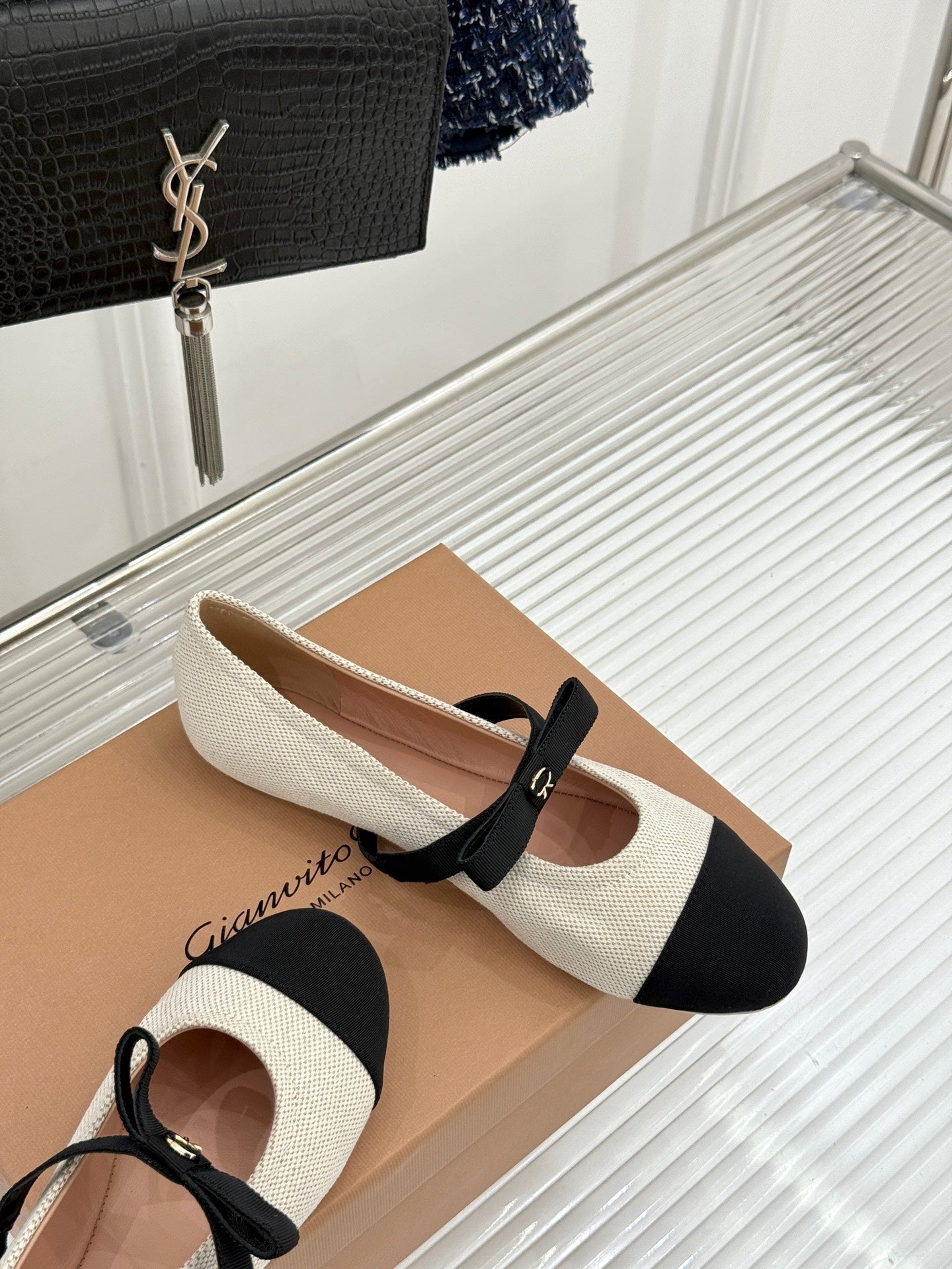 GIANVITO ROSSI 26S MARY JANE FLATS IN BLACK AND WHITE FABRIC