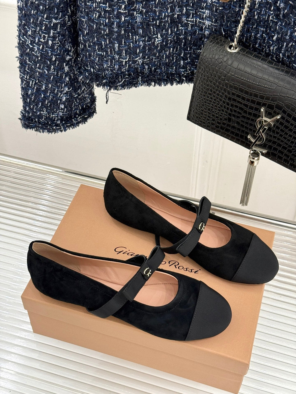 GIANVITO ROSSI 26S MARY JANE FLATS IN BLACK SUEDE AND FABRIC