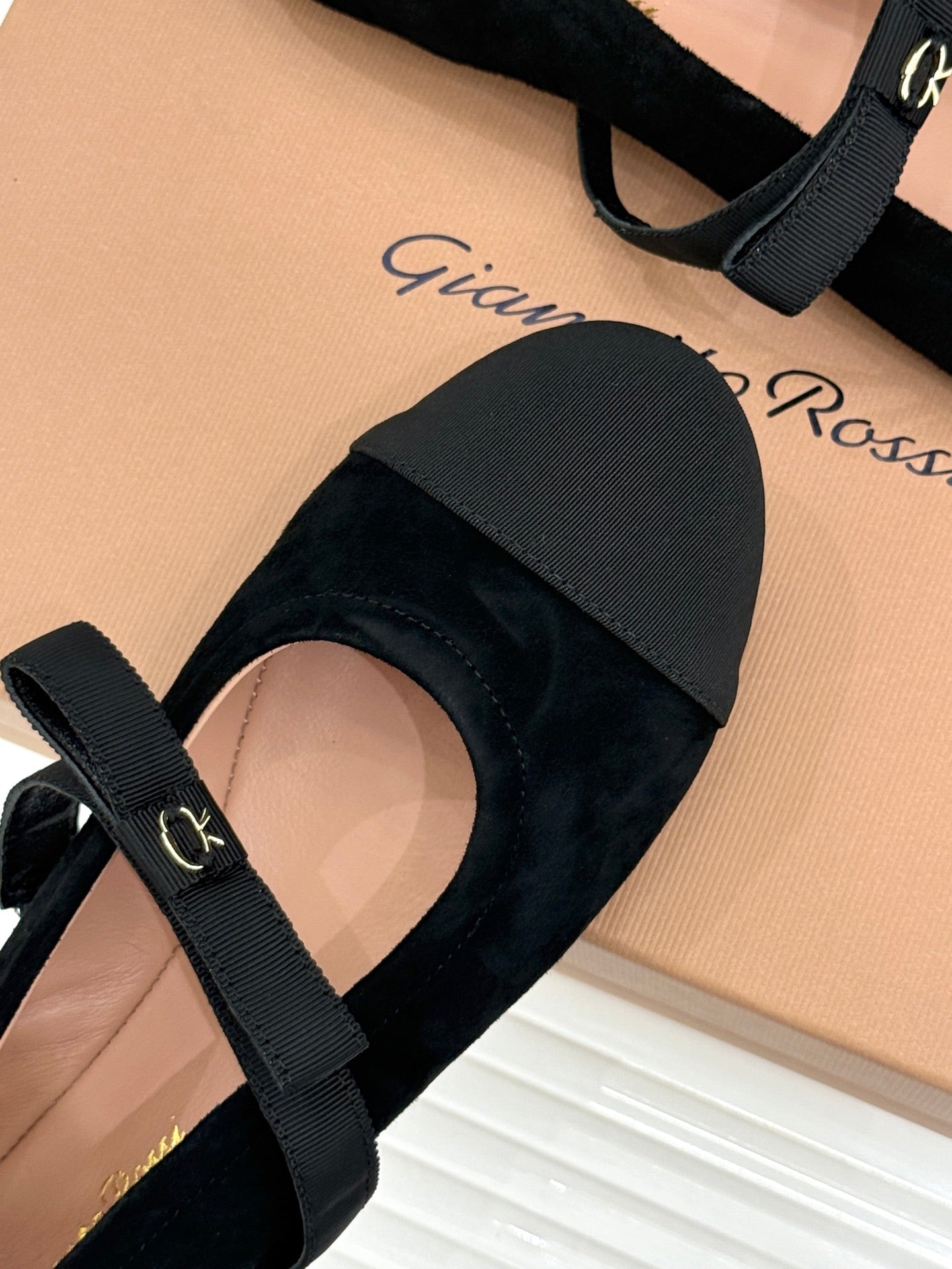 GIANVITO ROSSI 26S MARY JANE FLATS IN BLACK SUEDE AND FABRIC