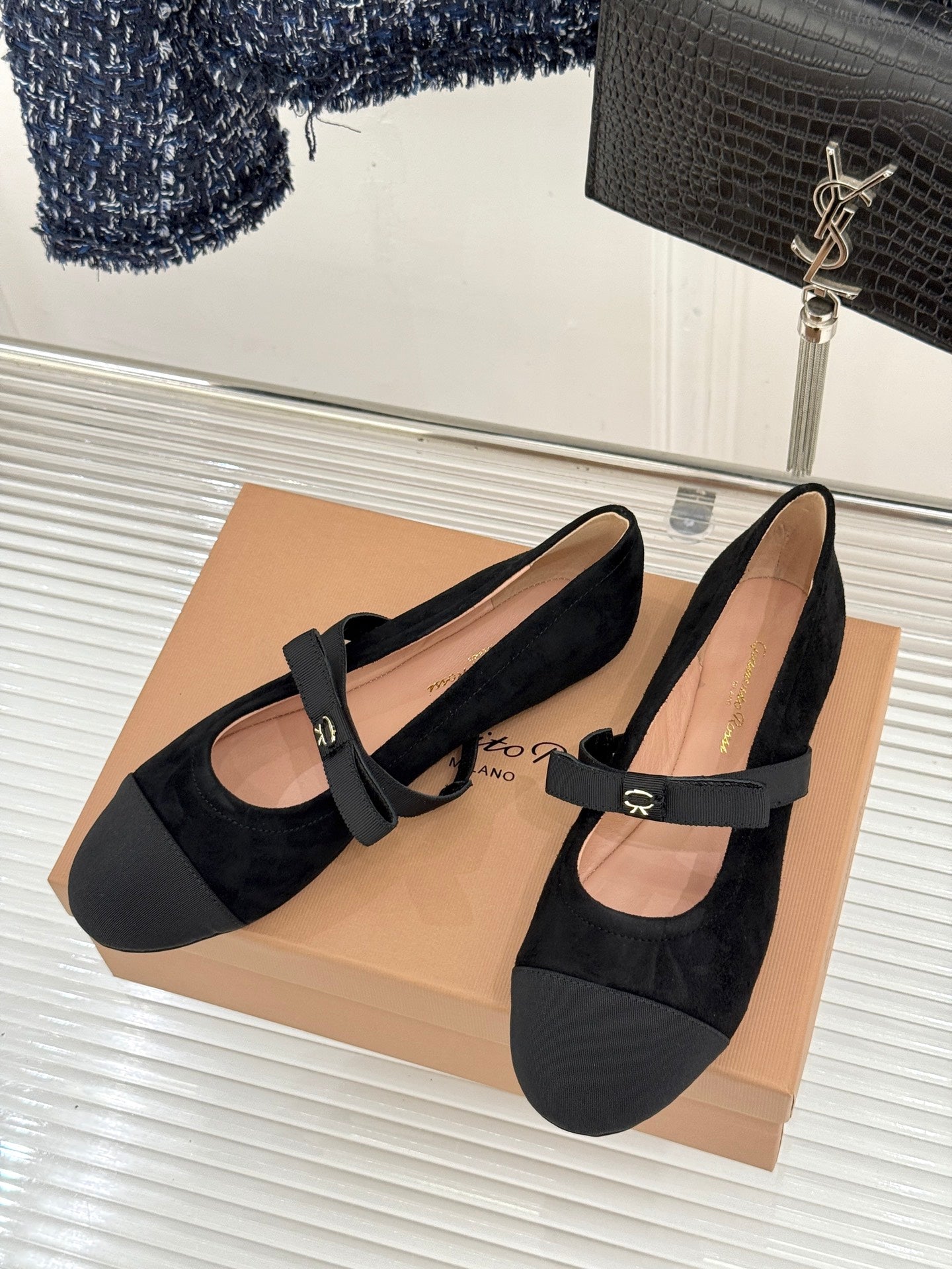 GIANVITO ROSSI 26S MARY JANE FLATS IN BLACK SUEDE AND FABRIC