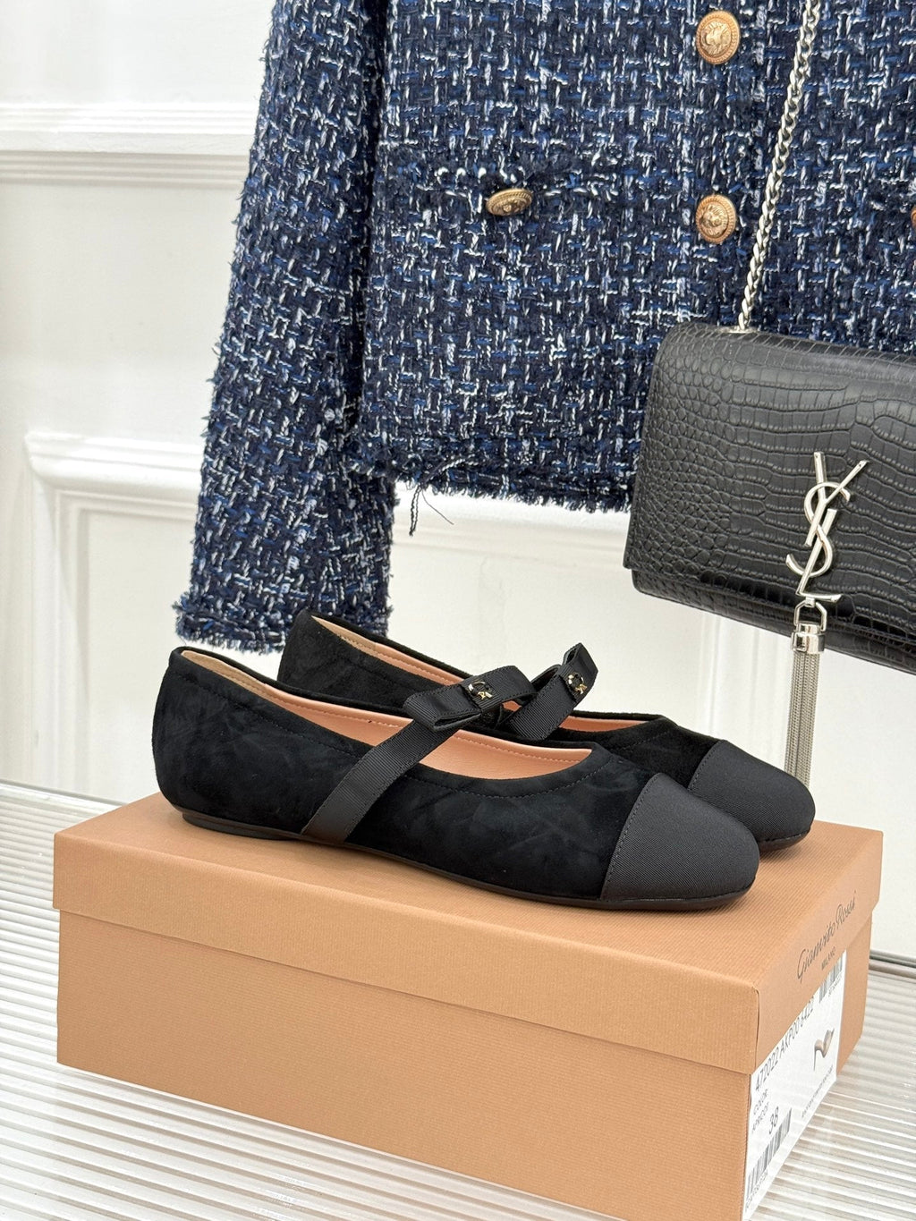 GIANVITO ROSSI 26S MARY JANE FLATS IN BLACK SUEDE AND FABRIC