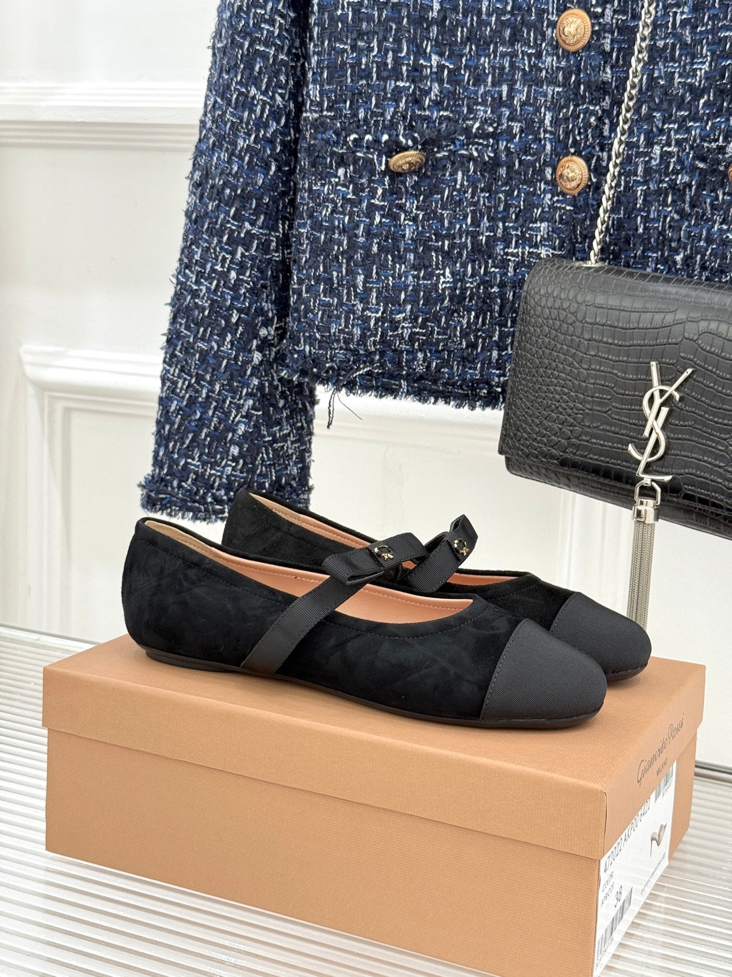 GIANVITO ROSSI 26S MARY JANE FLATS IN BLACK SUEDE AND FABRIC