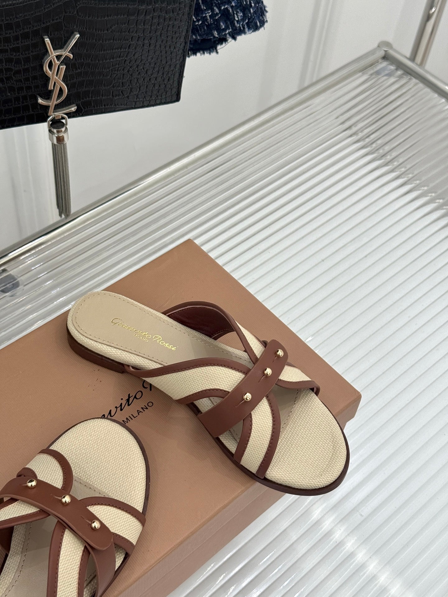GIANVITO ROSSI 26S STUDDED FLAT SANDALS IN BEIGE CANVAS AND BROWN CALFSKIN