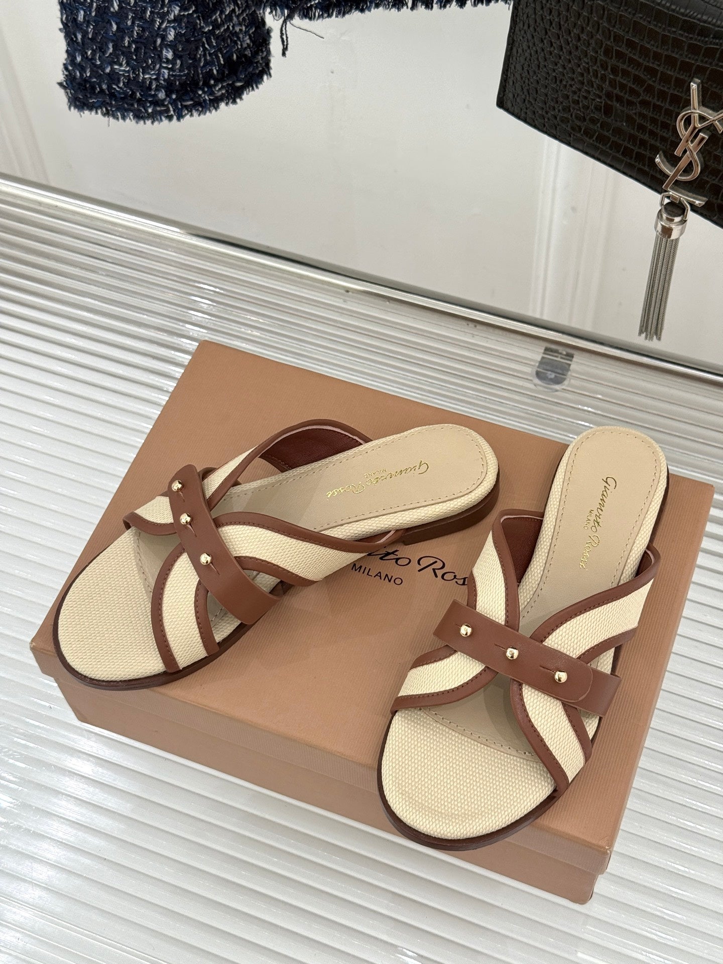 GIANVITO ROSSI 26S STUDDED FLAT SANDALS IN BEIGE CANVAS AND BROWN CALFSKIN