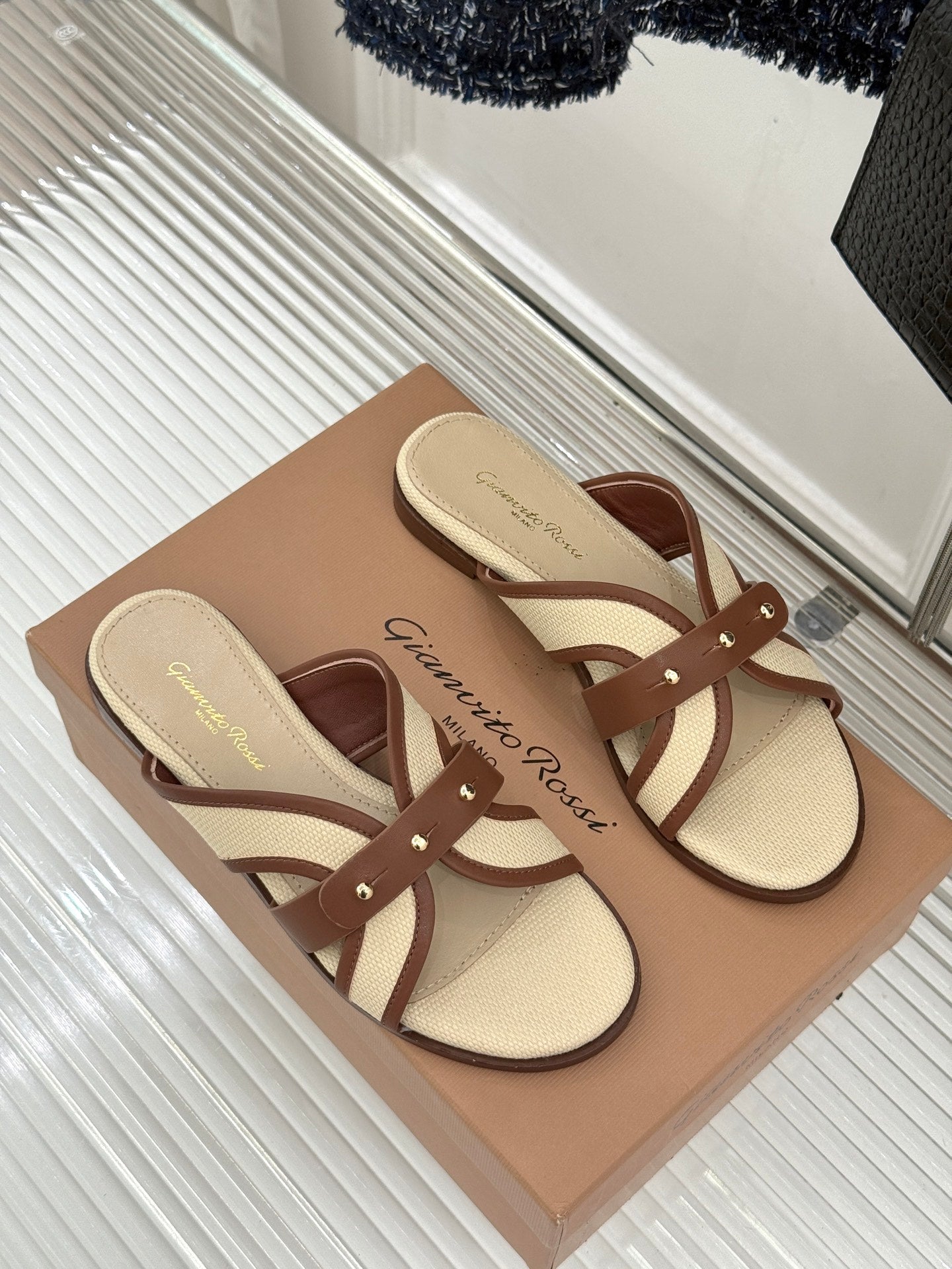 GIANVITO ROSSI 26S STUDDED FLAT SANDALS IN BEIGE CANVAS AND BROWN CALFSKIN