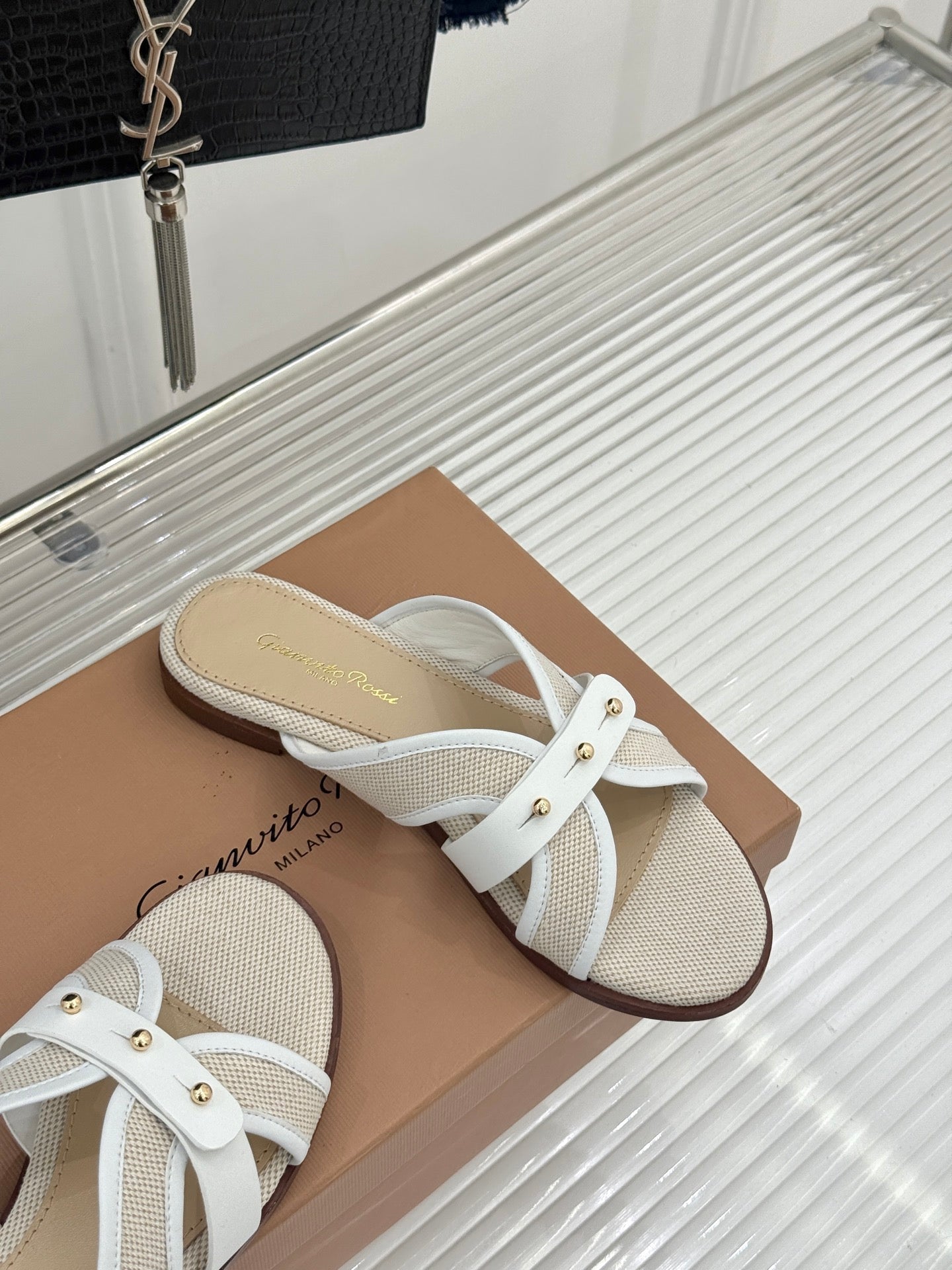 GIANVITO ROSSI 26S STUDDED FLAT SANDALS IN BEIGE CANVAS AND WHITE CALFSKIN