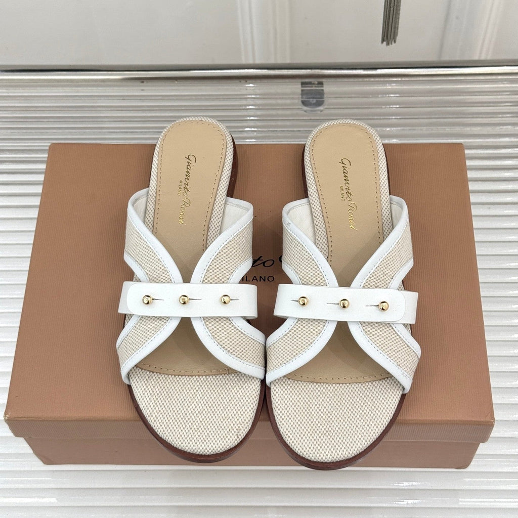 GIANVITO ROSSI 26S STUDDED FLAT SANDALS IN BEIGE CANVAS AND WHITE CALFSKIN