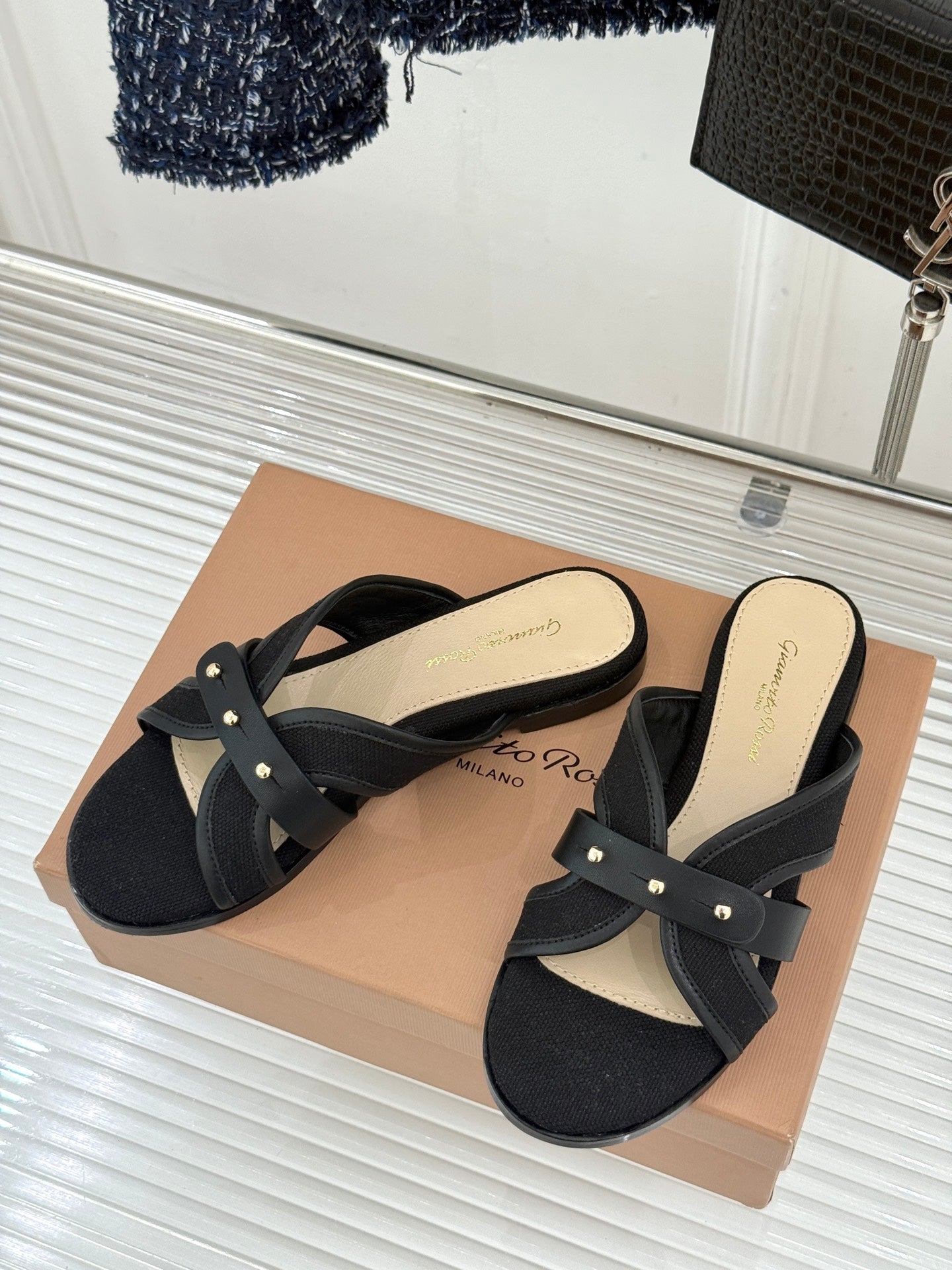 GIANVITO ROSSI 26S STUDDED FLAT SANDALS IN BLACK CANVAS AND CALFSKIN
