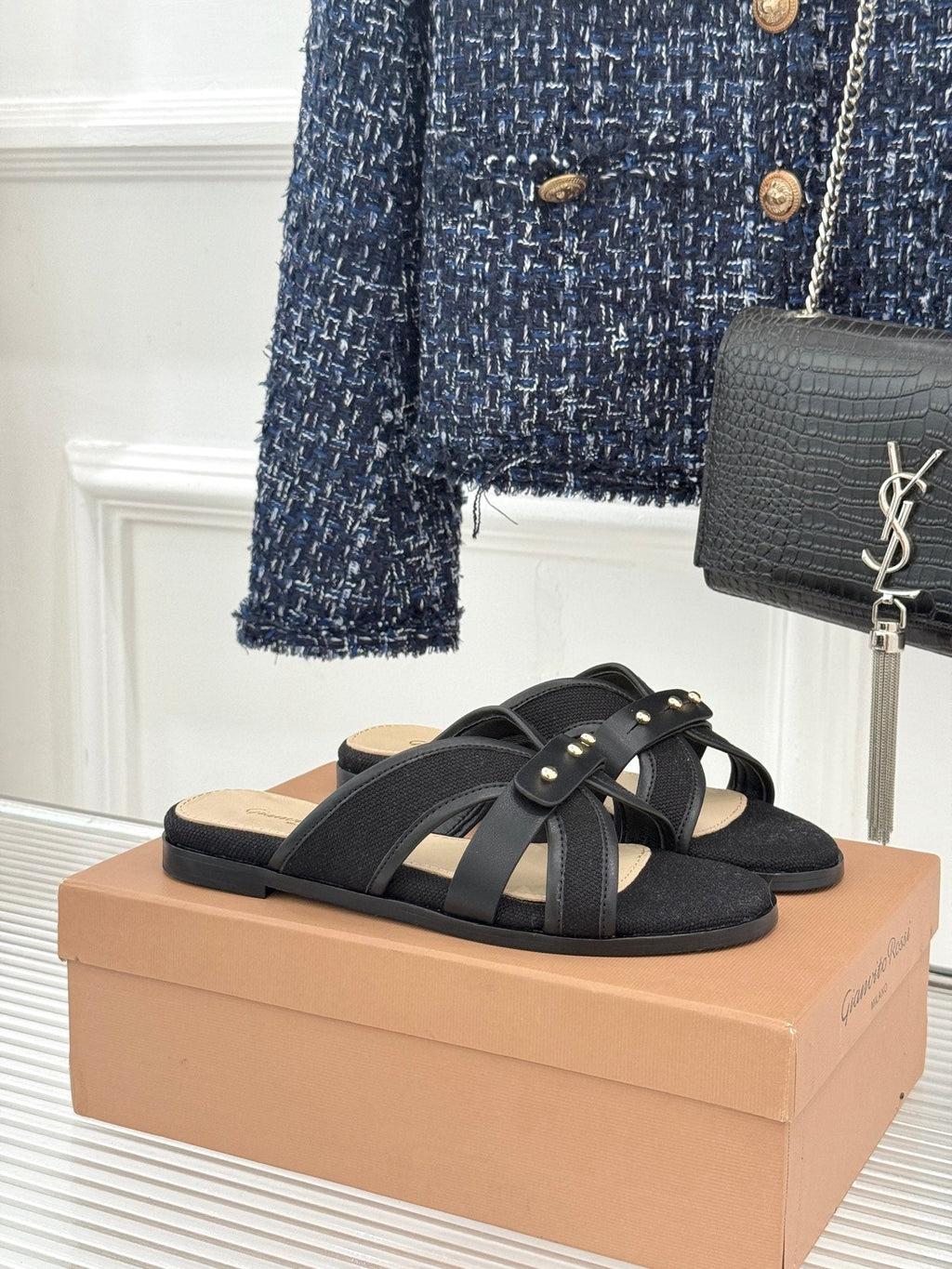 GIANVITO ROSSI 26S STUDDED FLAT SANDALS IN BLACK CANVAS AND CALFSKIN
