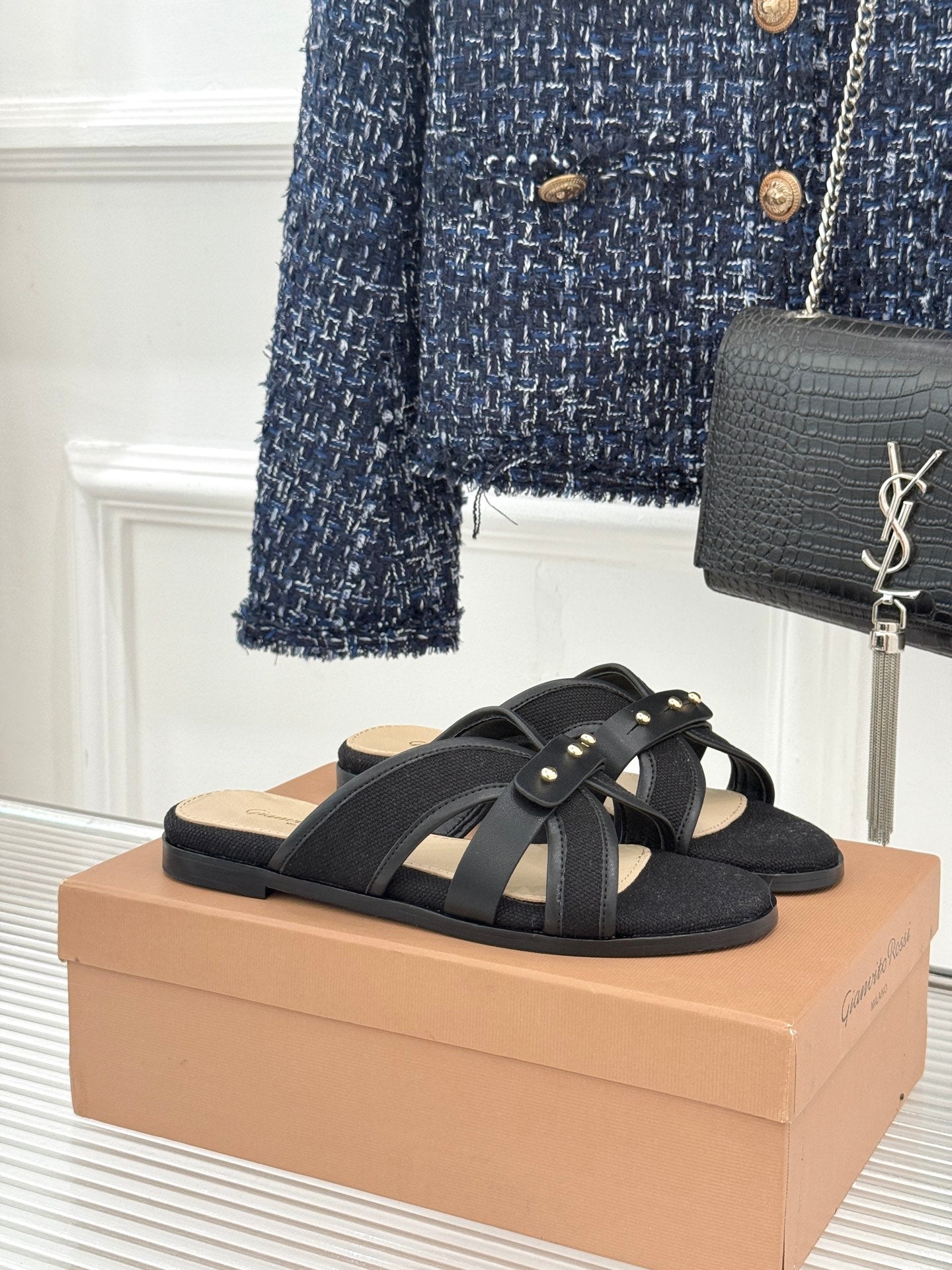 GIANVITO ROSSI 26S STUDDED FLAT SANDALS IN BLACK CANVAS AND CALFSKIN